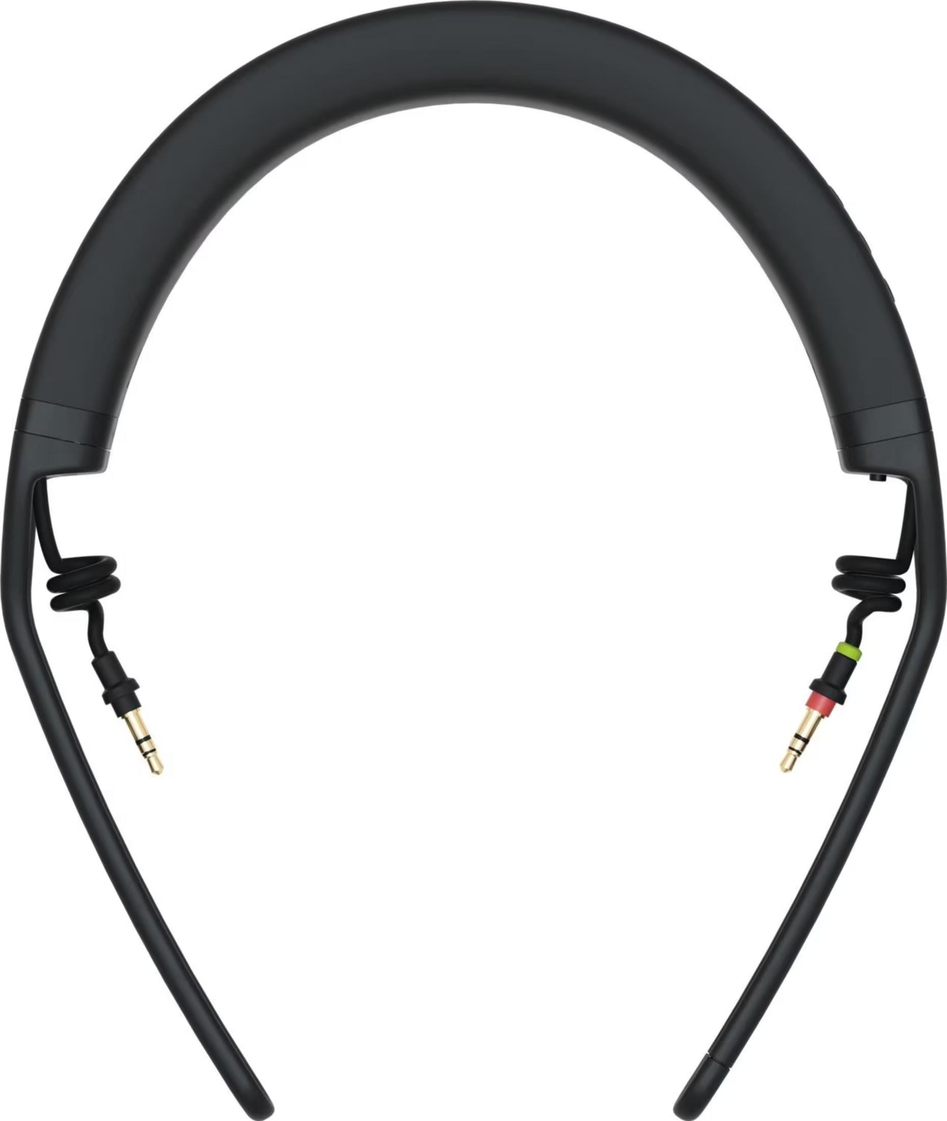 Schwarzer Kopfbügel mit zwei Kabeln und 3,5-mm-Anschlüssen.