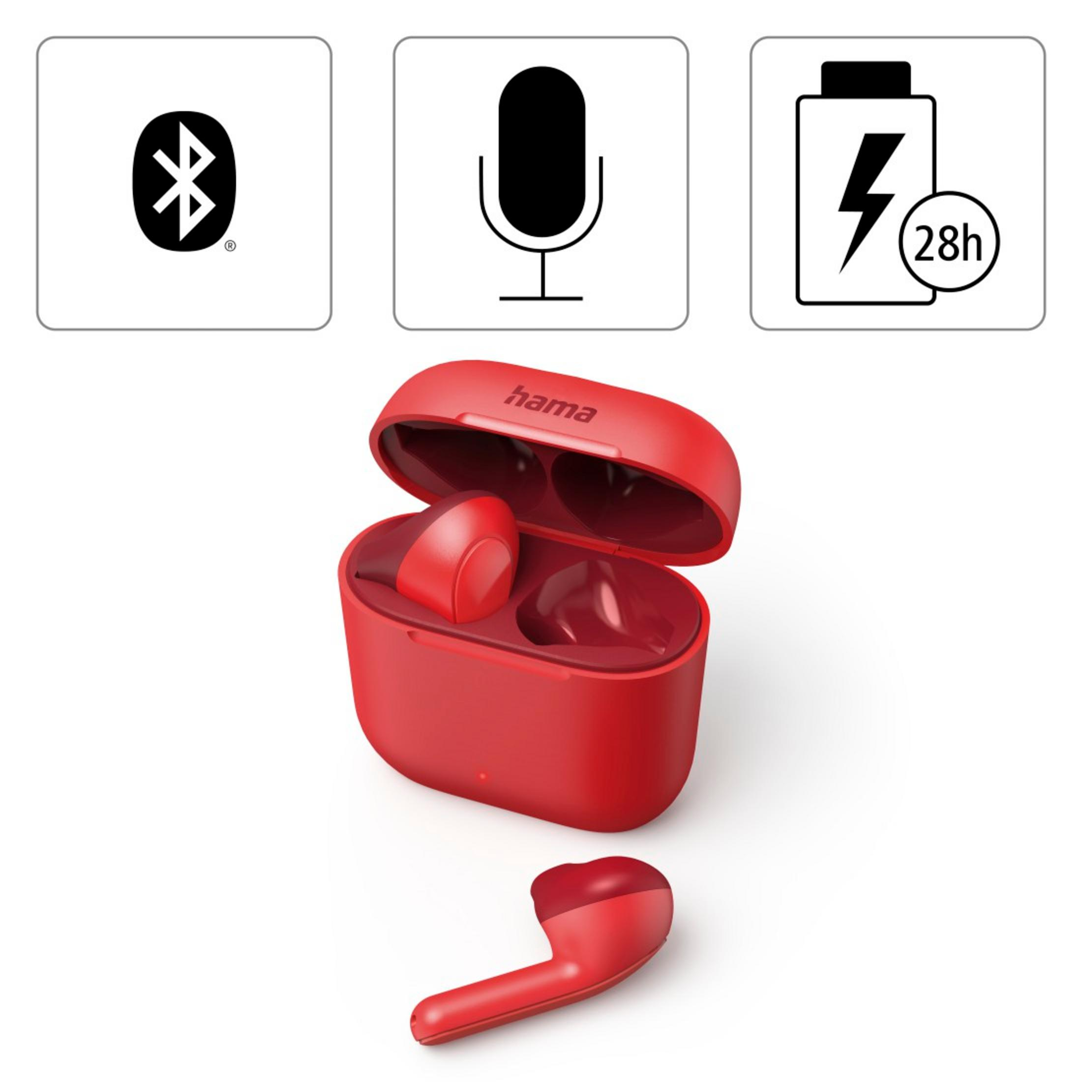 Auricolari Hama rossi con custodia di ricarica, icone Bluetooth, microfono e batteria 28h.