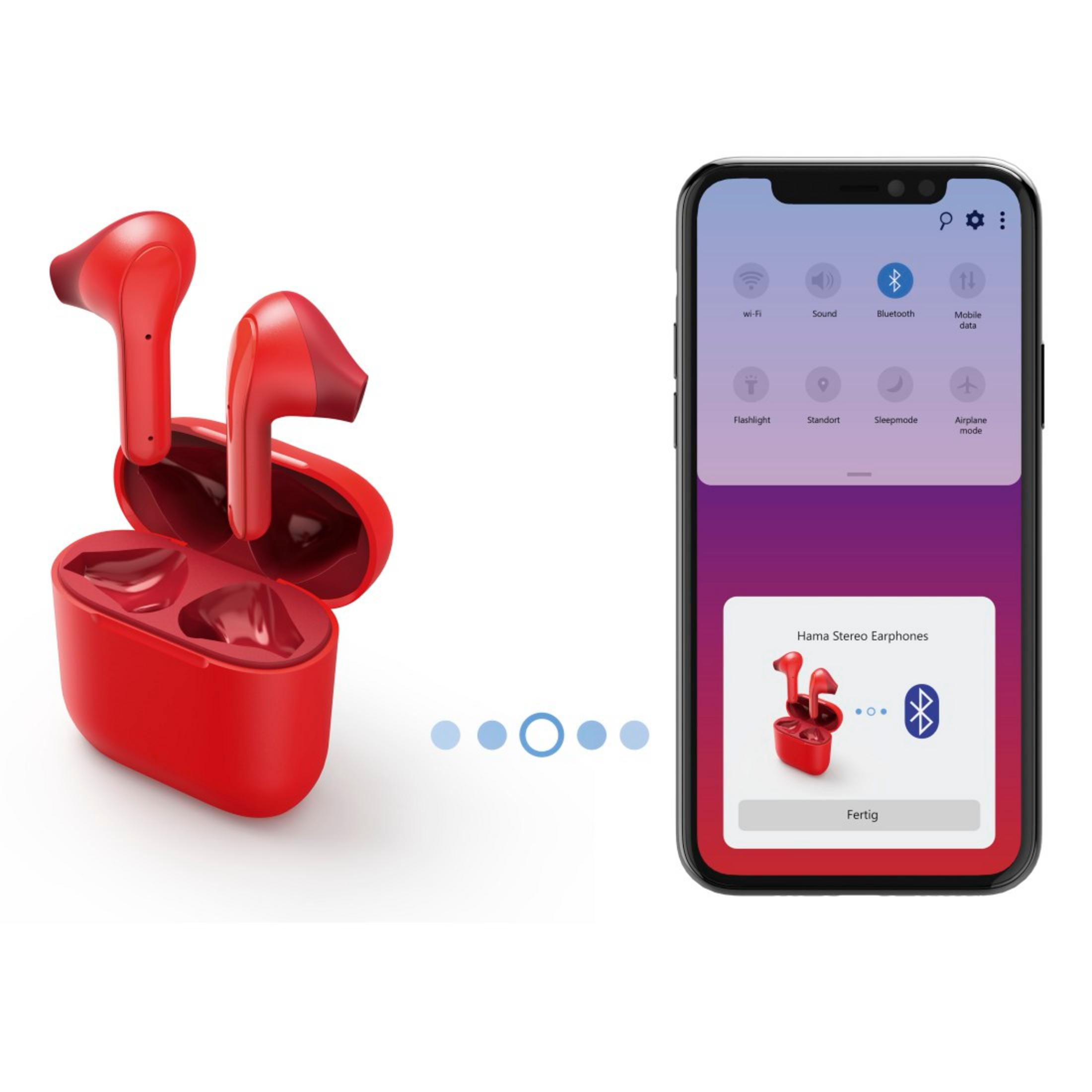 Auricolari wireless rossi con custodia di ricarica accanto a uno smartphone che mostra le impostazioni.