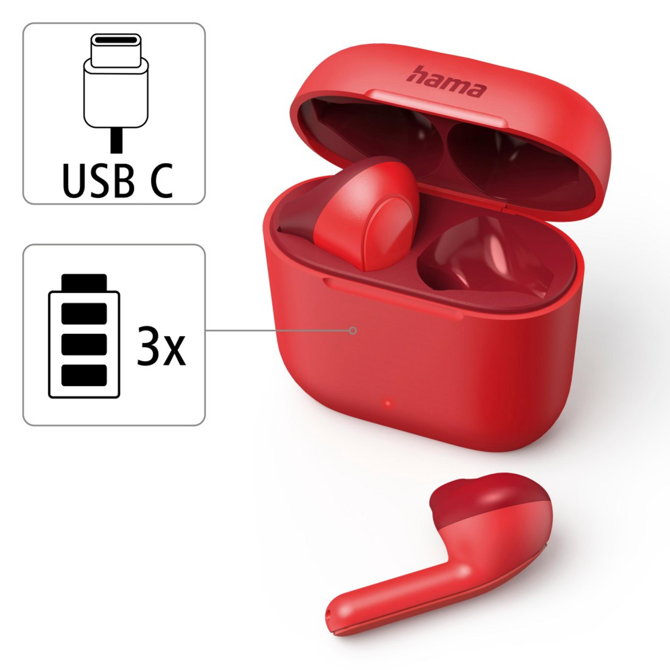 Auricolari Hama rossi con custodia di ricarica, connettore USB-C e indicatore 3x batteria.