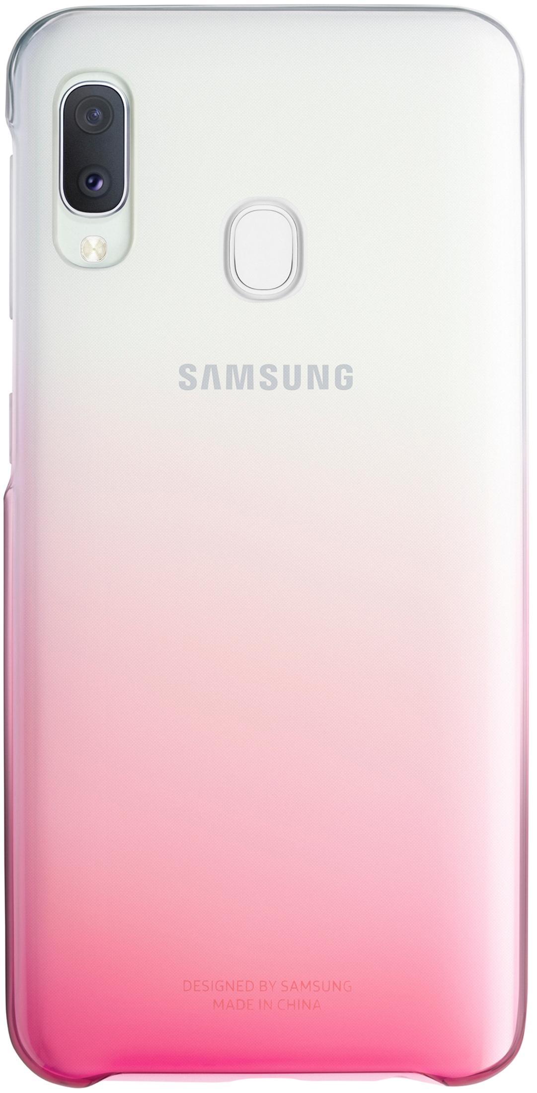 Parte trasera de un Samsung con degradado de blanco a rosa.