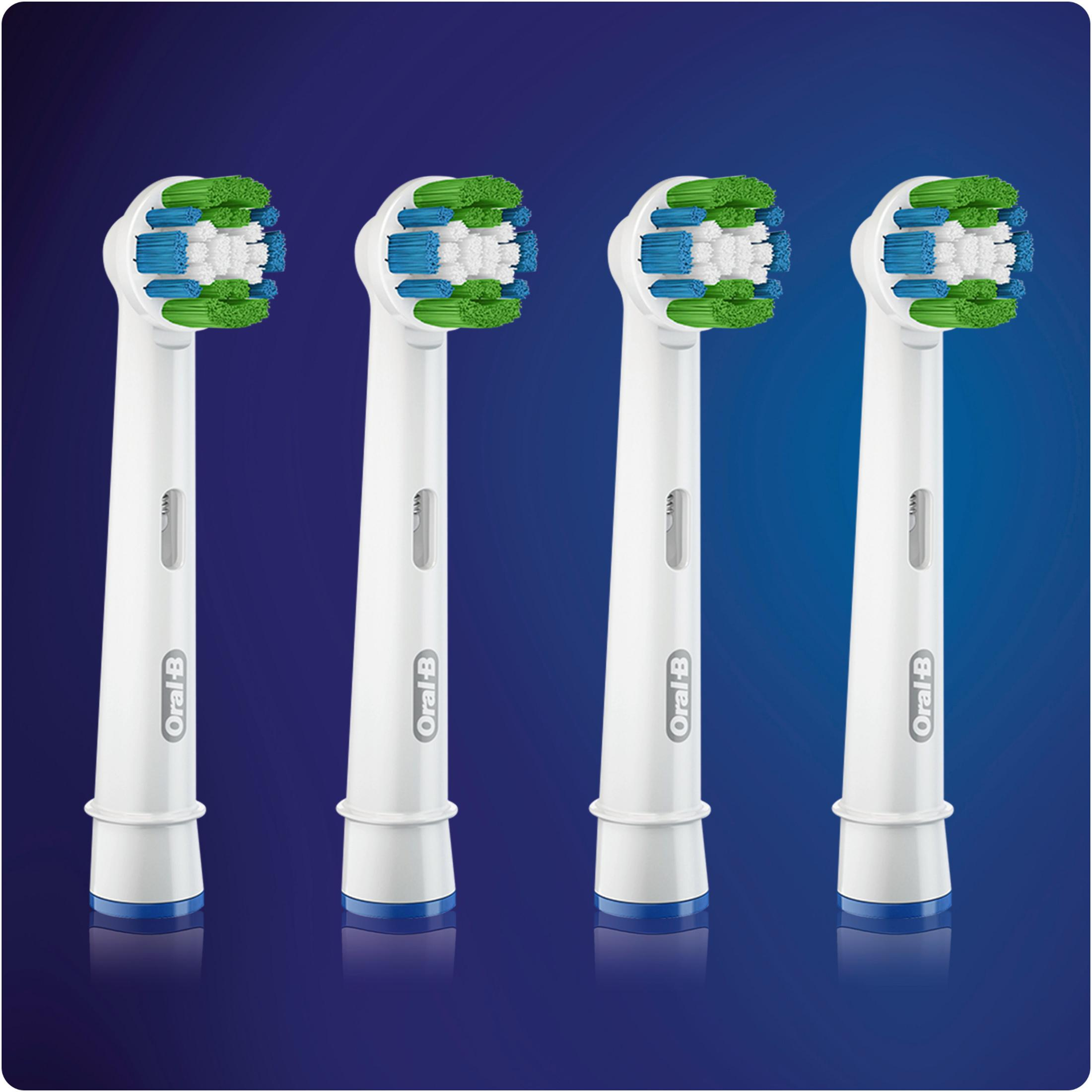 Quattro testine Oral-B bianche con setole verdi, blu e bianche.