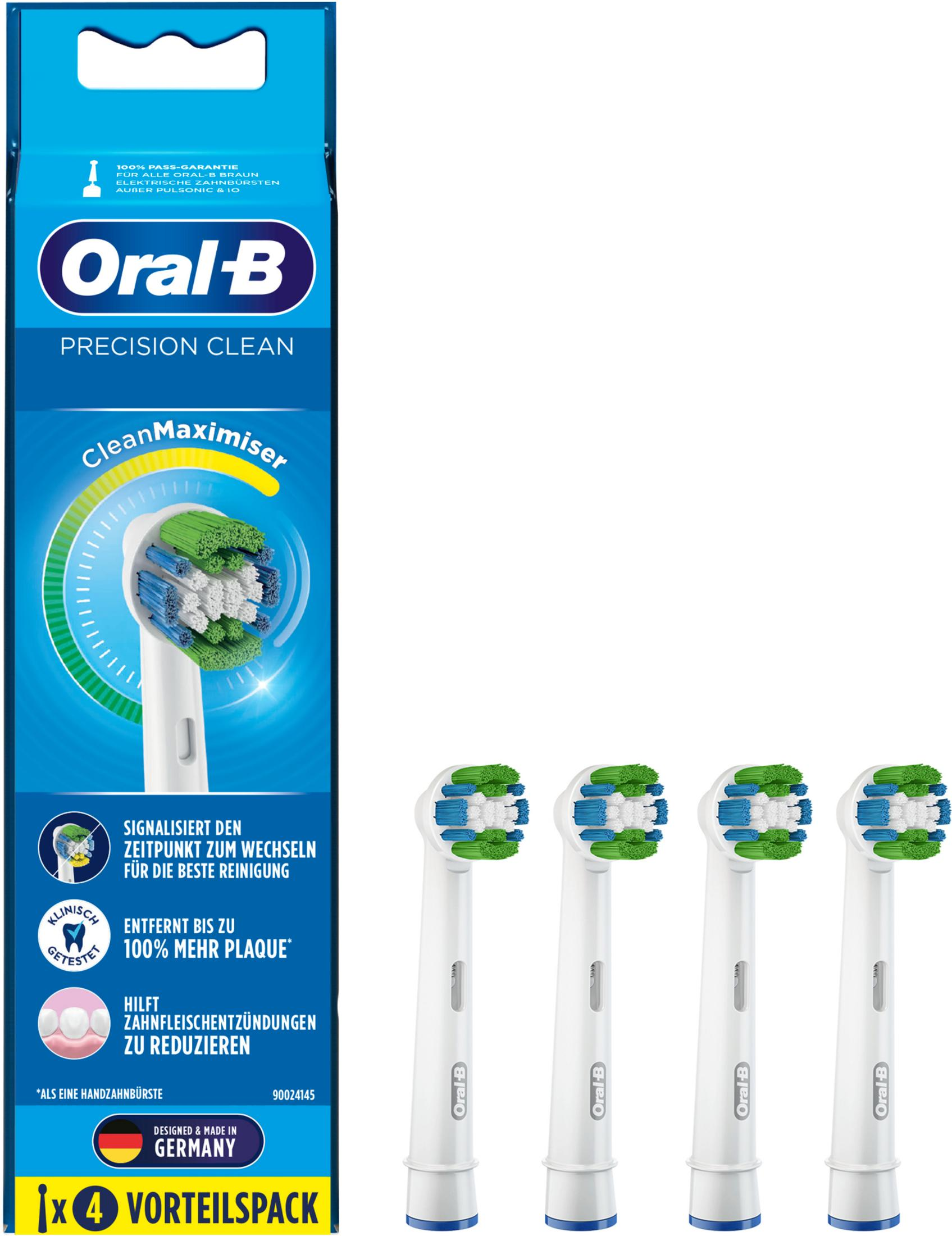 Confezione da 4 testine Oral-B Precision Clean con istruzioni in tedesco.