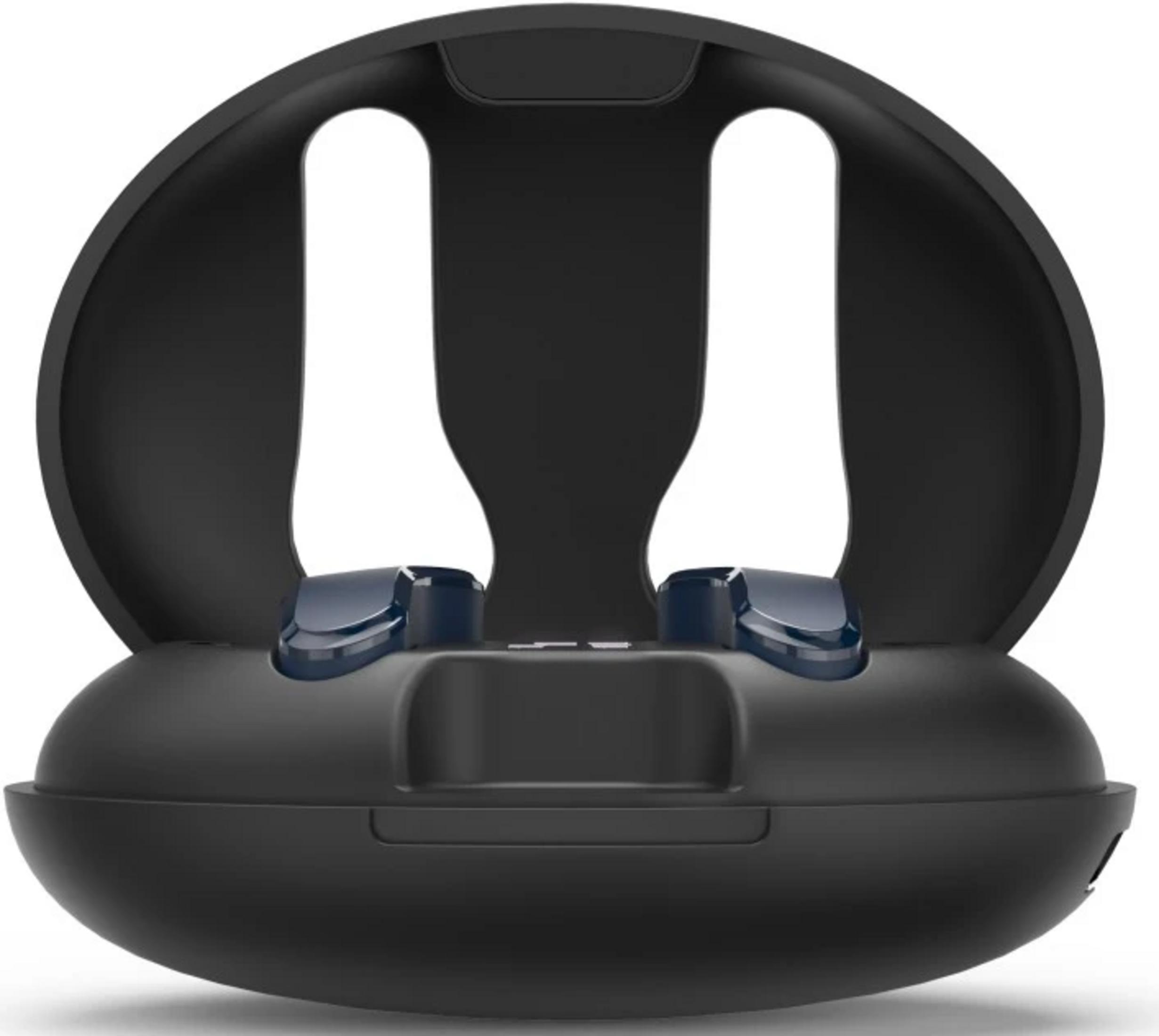 Czarna, otwarta ładowarka do słuchawek bezprzewodowych z niebieskimi akcentami.