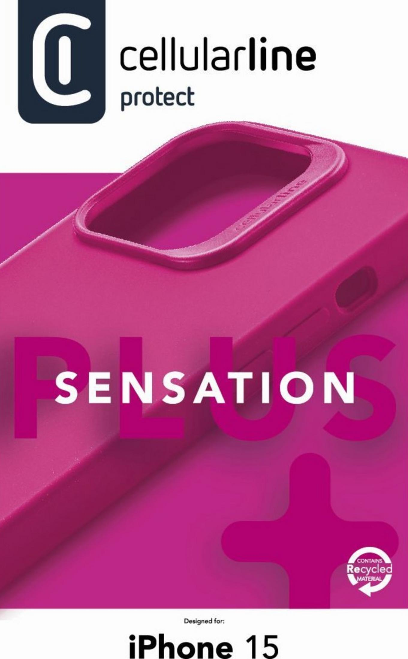 Una custodia rosa per telefono con testo "SENSATION PLUS" e logo Cellularline.