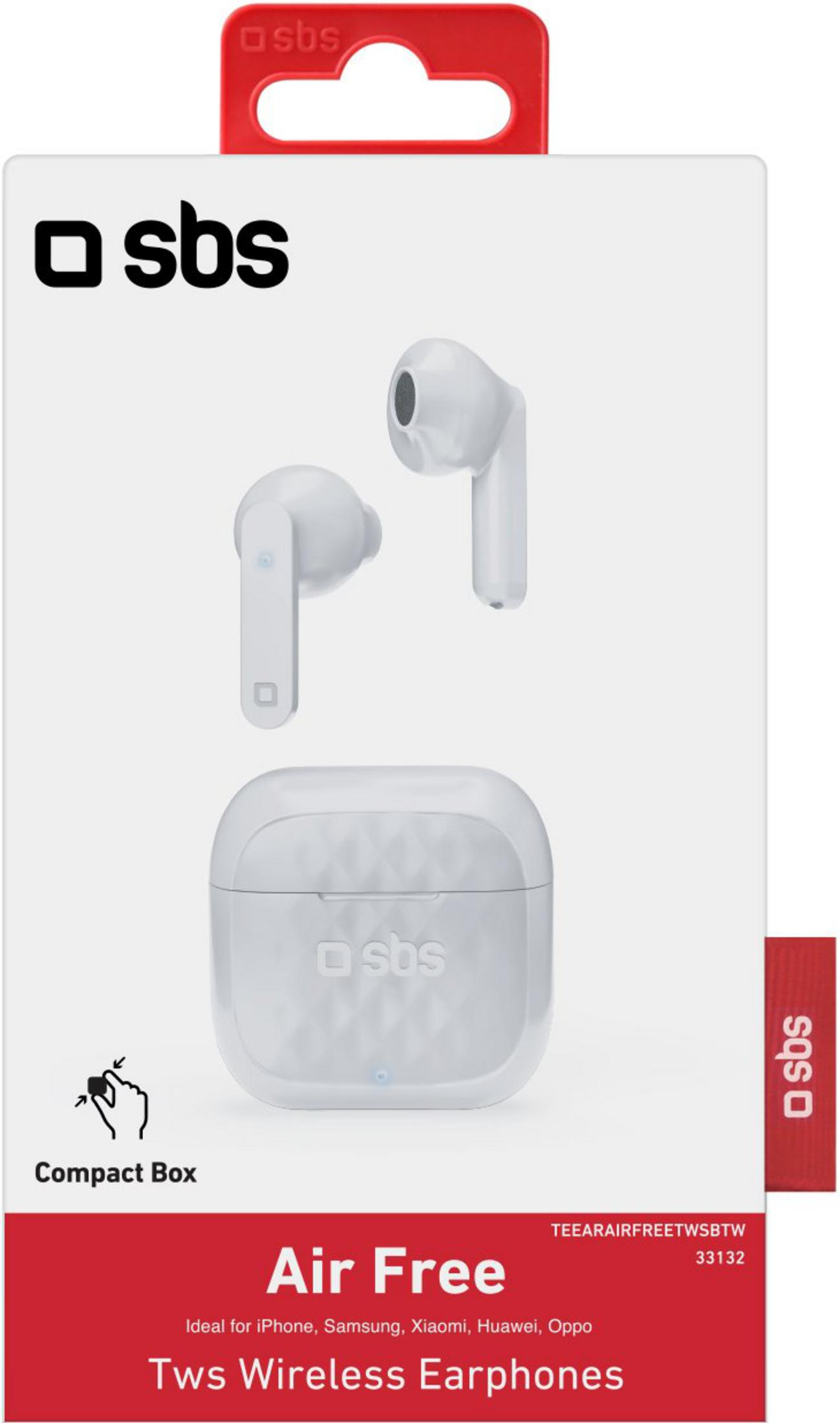Auriculares blancos SBS Air Free TWS en embalaje con colgador rojo.