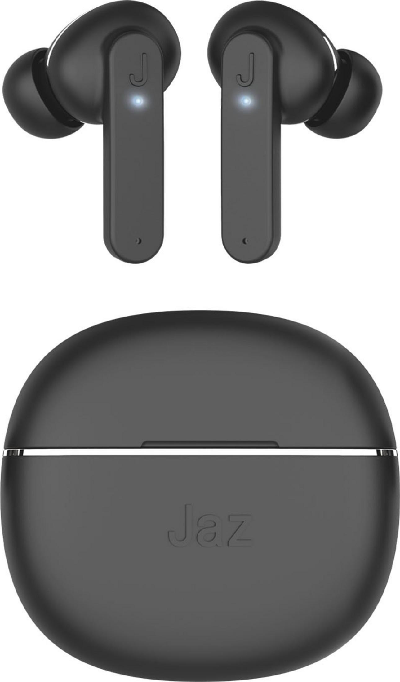Auricolari wireless neri con custodia di ricarica con logo 'Jaz'.