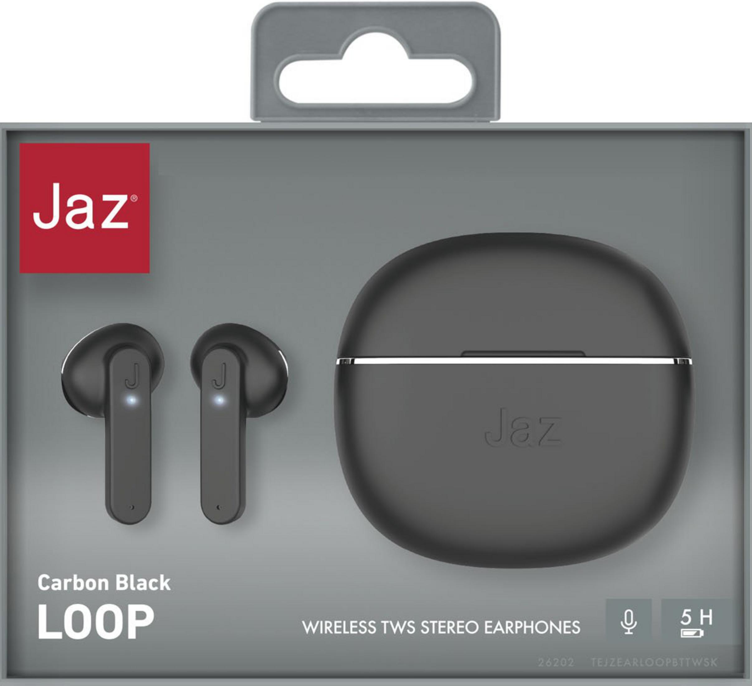Auricolari stereo wireless Jaz LOOP neri con custodia di ricarica.