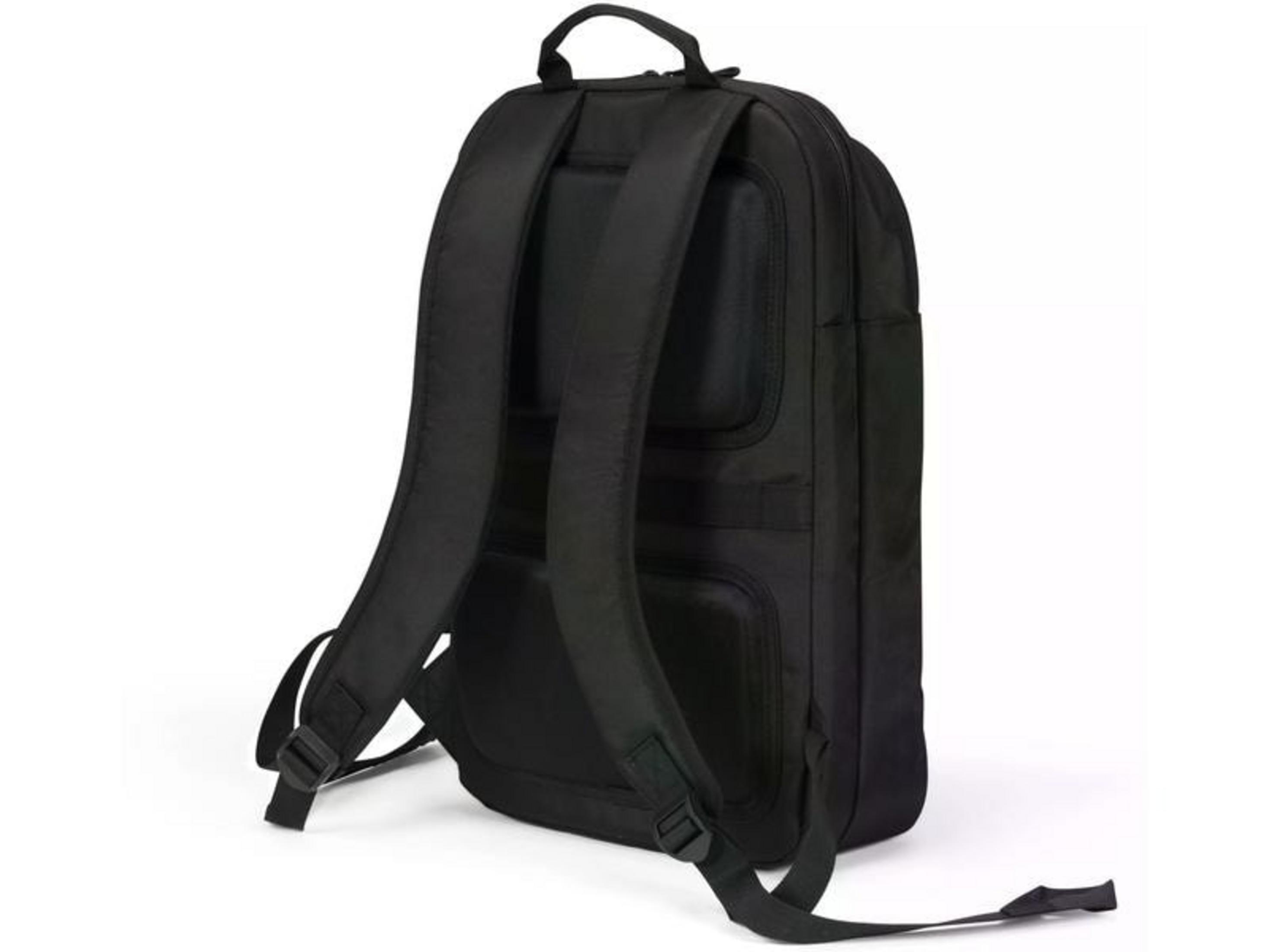 Zaino nero visto da dietro con spallacci imbottiti e tasche.