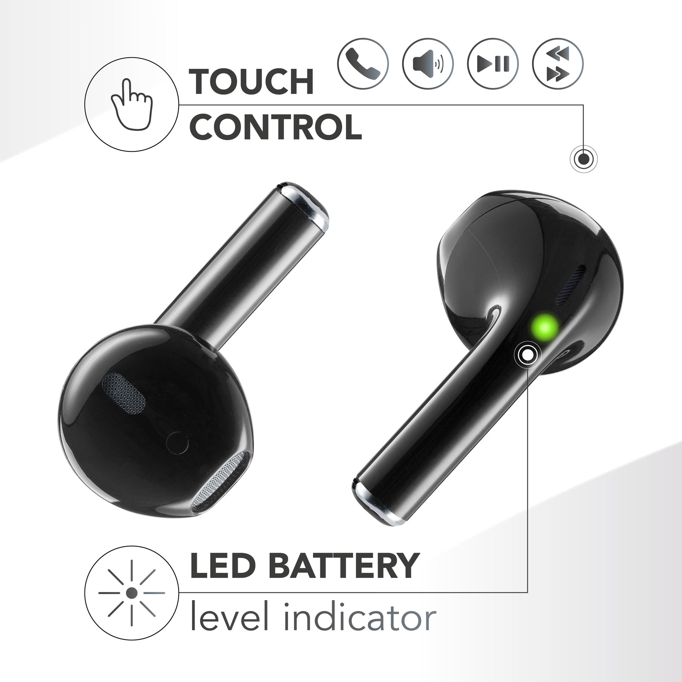 Zwei schwarze Kopfhörer. Einer mit grünem Licht. Touch Control und LED-Anzeige.