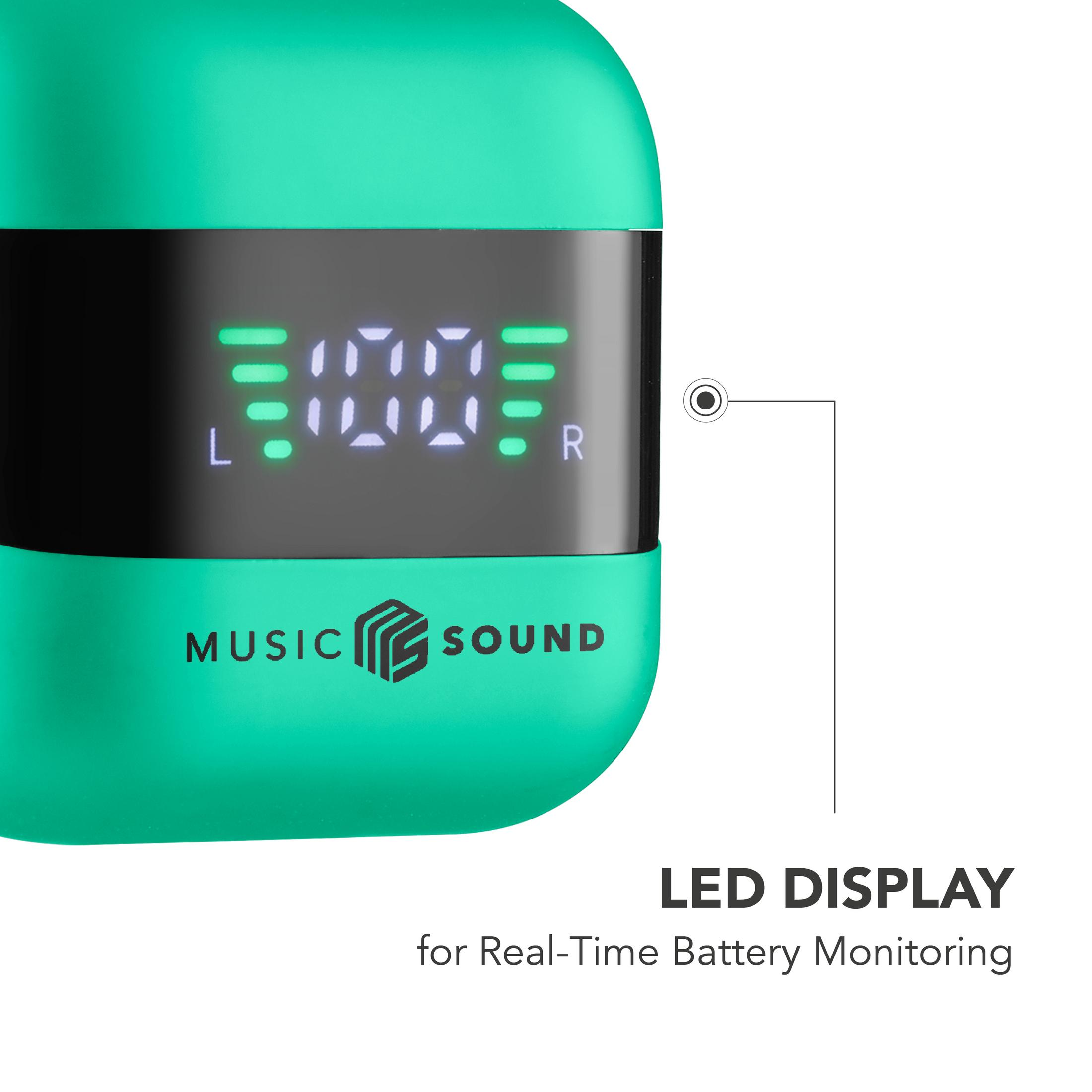 Grünes Ladecase mit LED-Anzeige zeigt 100% Batterie an. Text: MUSIC SOUND.