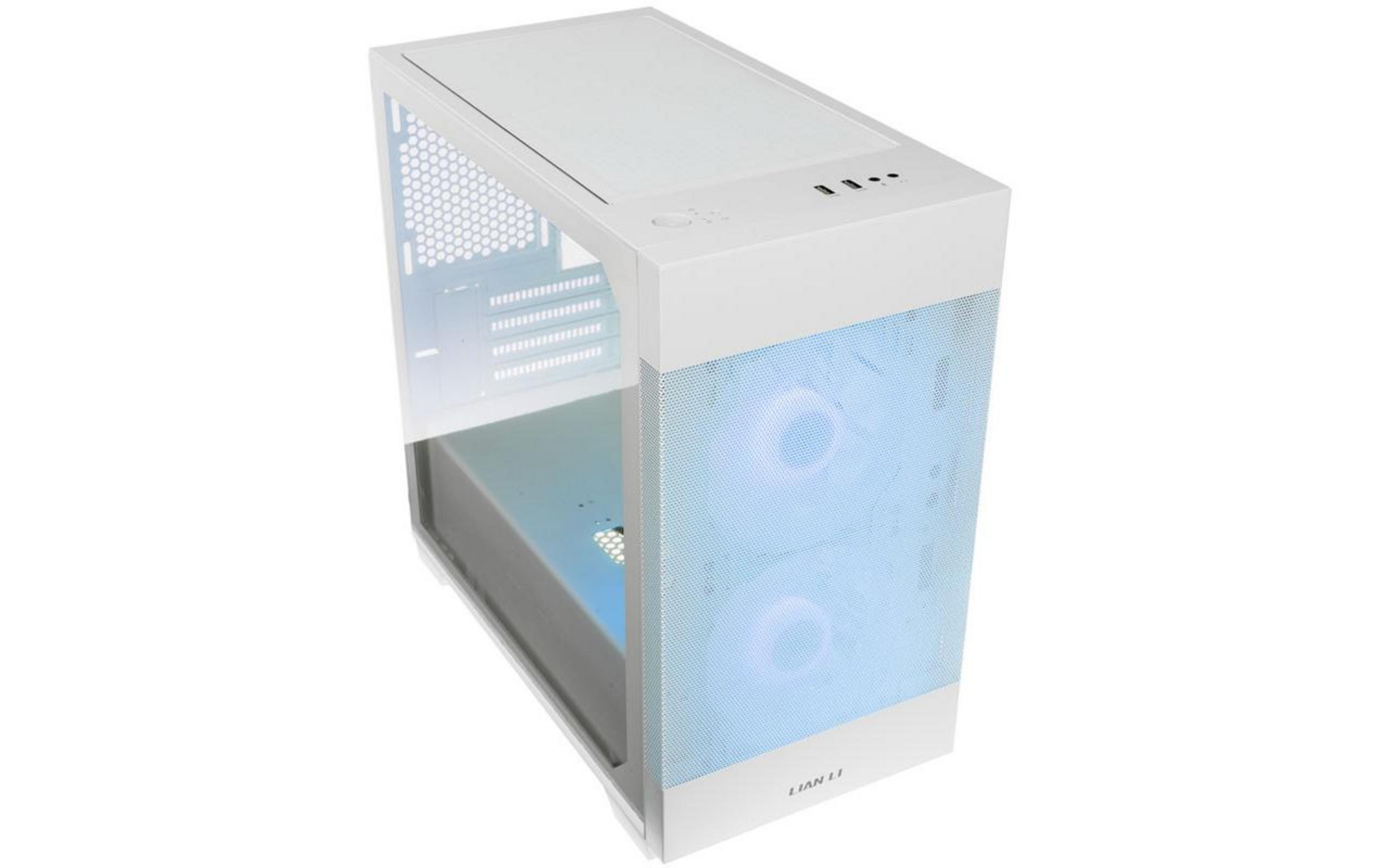 Biała obudowa komputera z niebieskimi podświetlanymi wentylatorami i szklanym frontem.