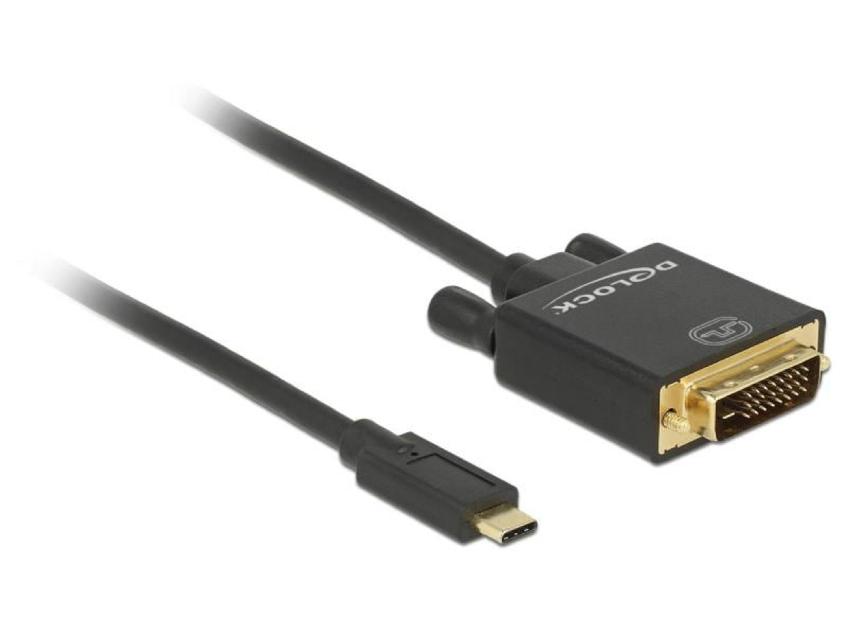 Ein schwarzes Kabel mit USB-C-Stecker und DVI-Stecker.