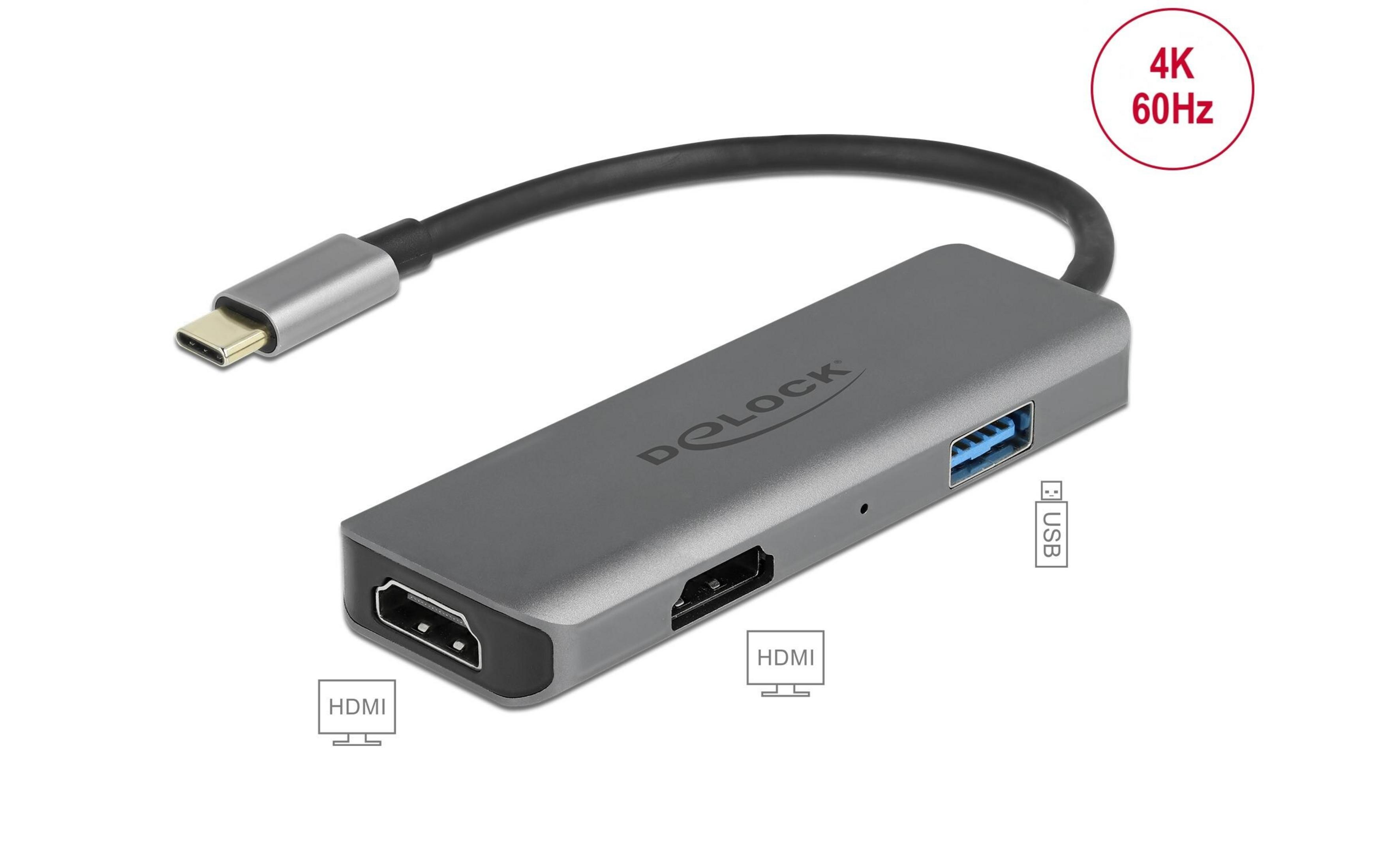 Grauer USB-C Hub mit HDMI- und USB-Anschlüssen, 4K 60Hz.