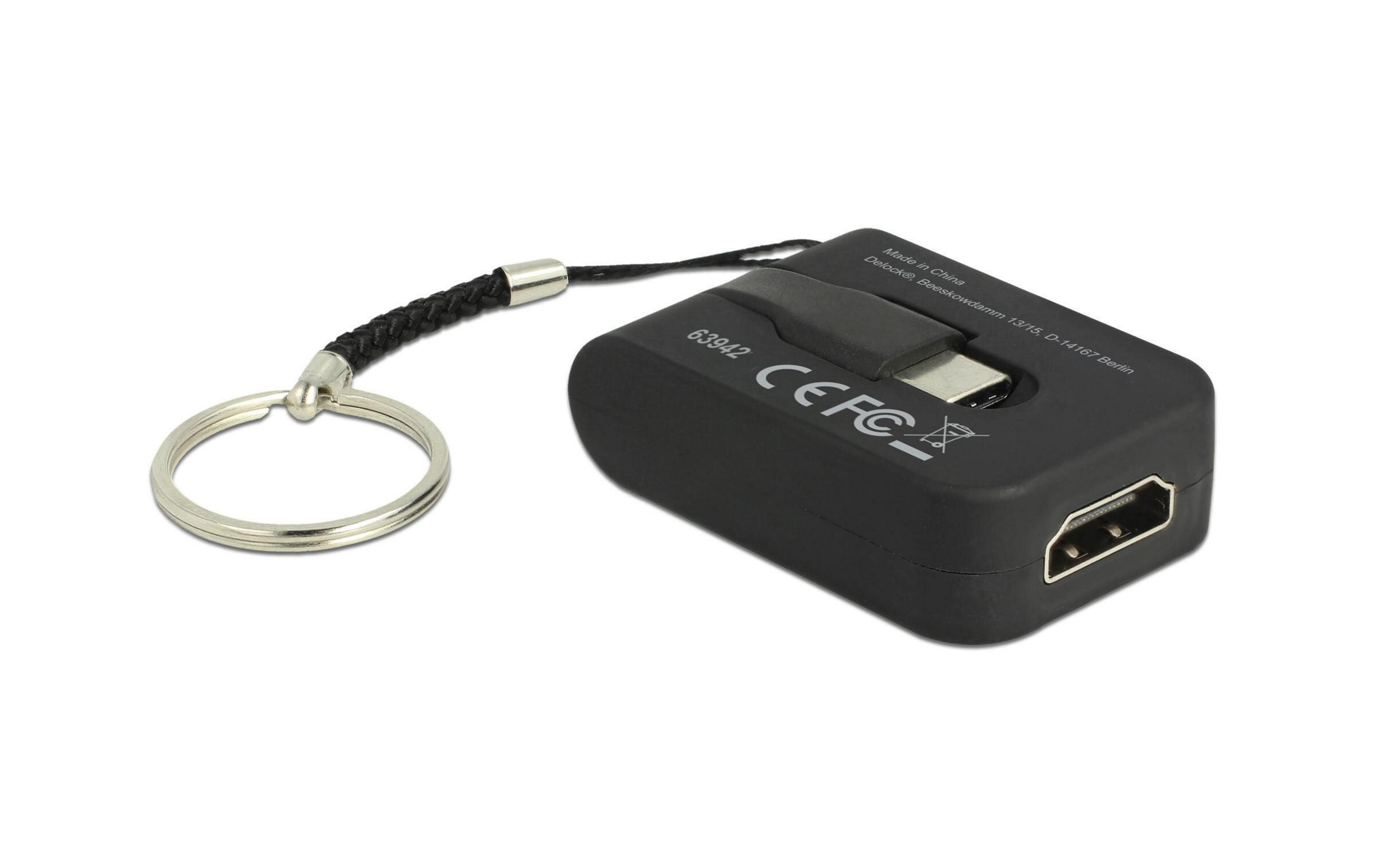 Schwarzer USB-C auf HDMI Adapter mit Schlüsselring und CE-Zeichen.