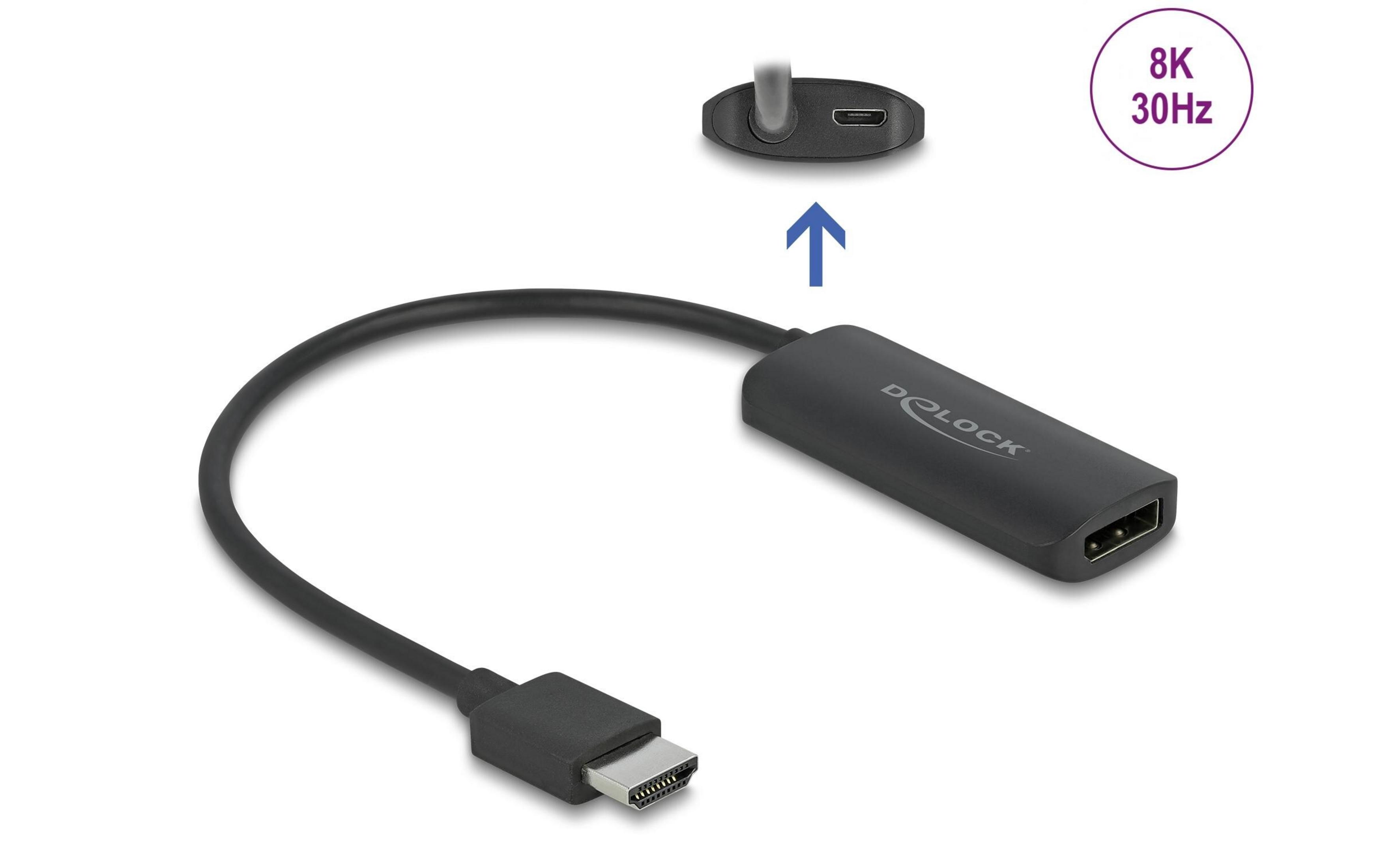 Ein schwarzer Kabeladapter mit USB-C auf HDMI-Anschluss, 8K 30Hz.