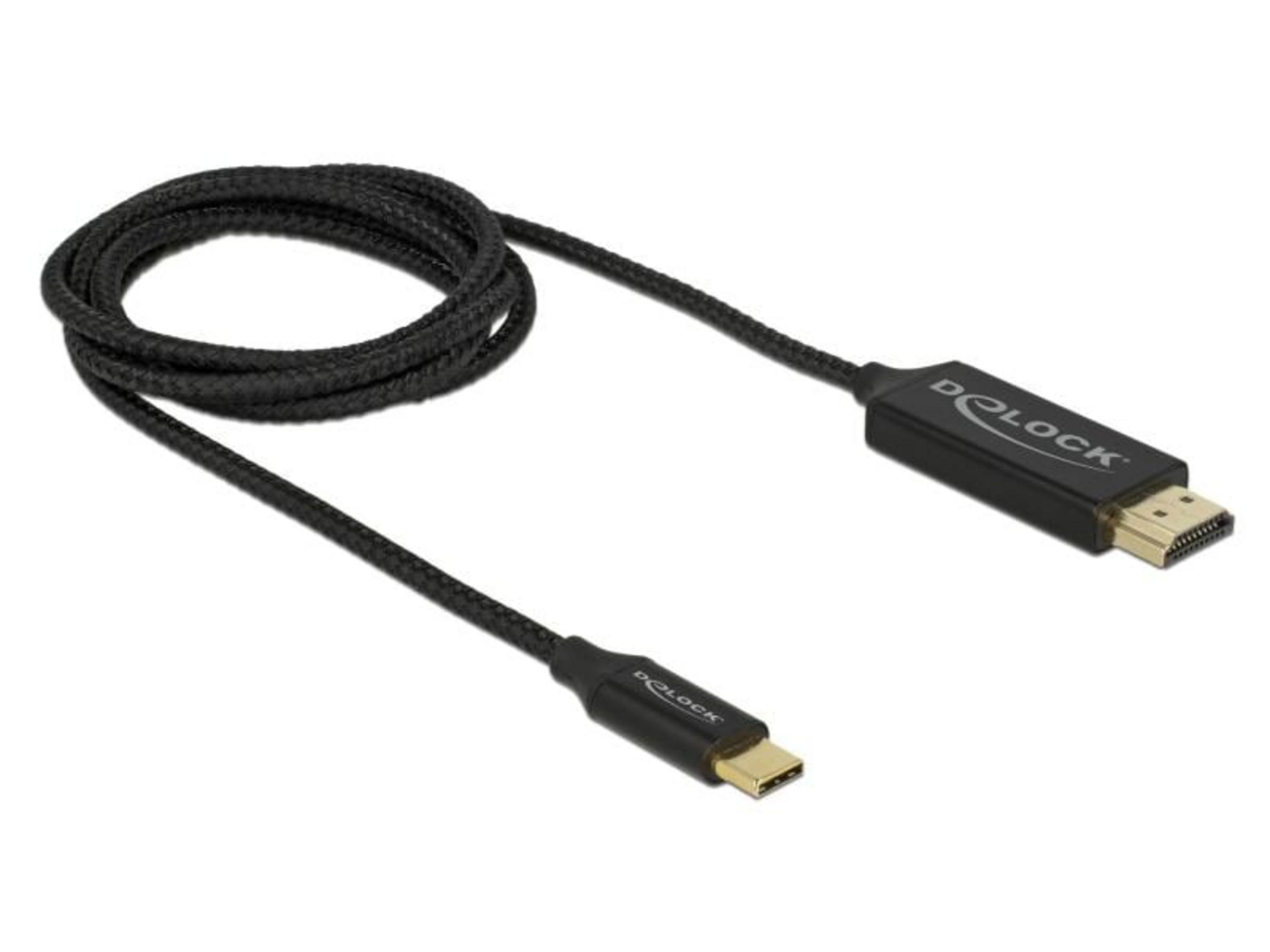 Ein schwarzes DELOCK Kabel mit HDMI und USB-C Anschlüssen liegt auf weißem Grund.