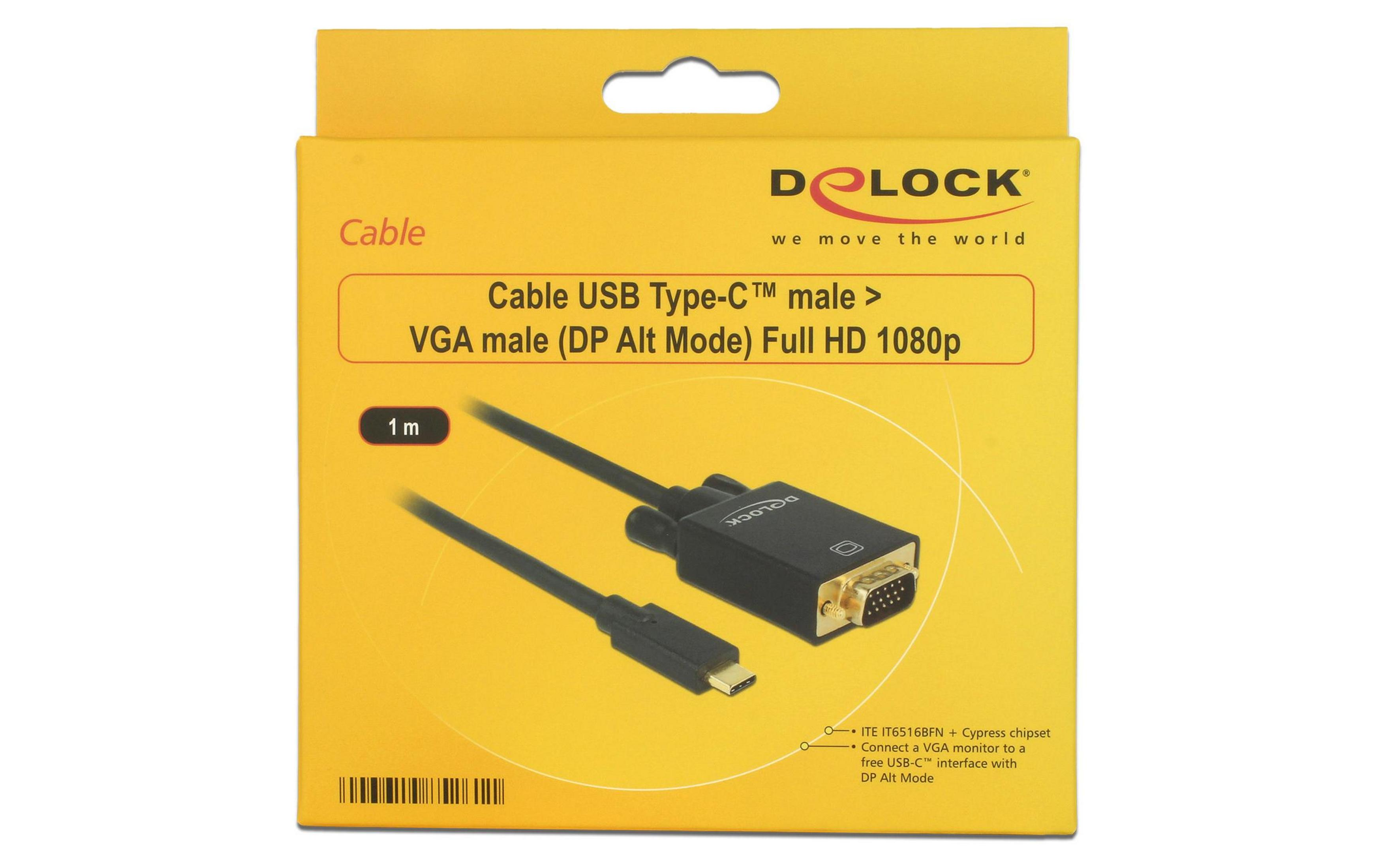 Ein Delock USB-C zu VGA Kabel mit 1m Länge, Full HD 1080p.