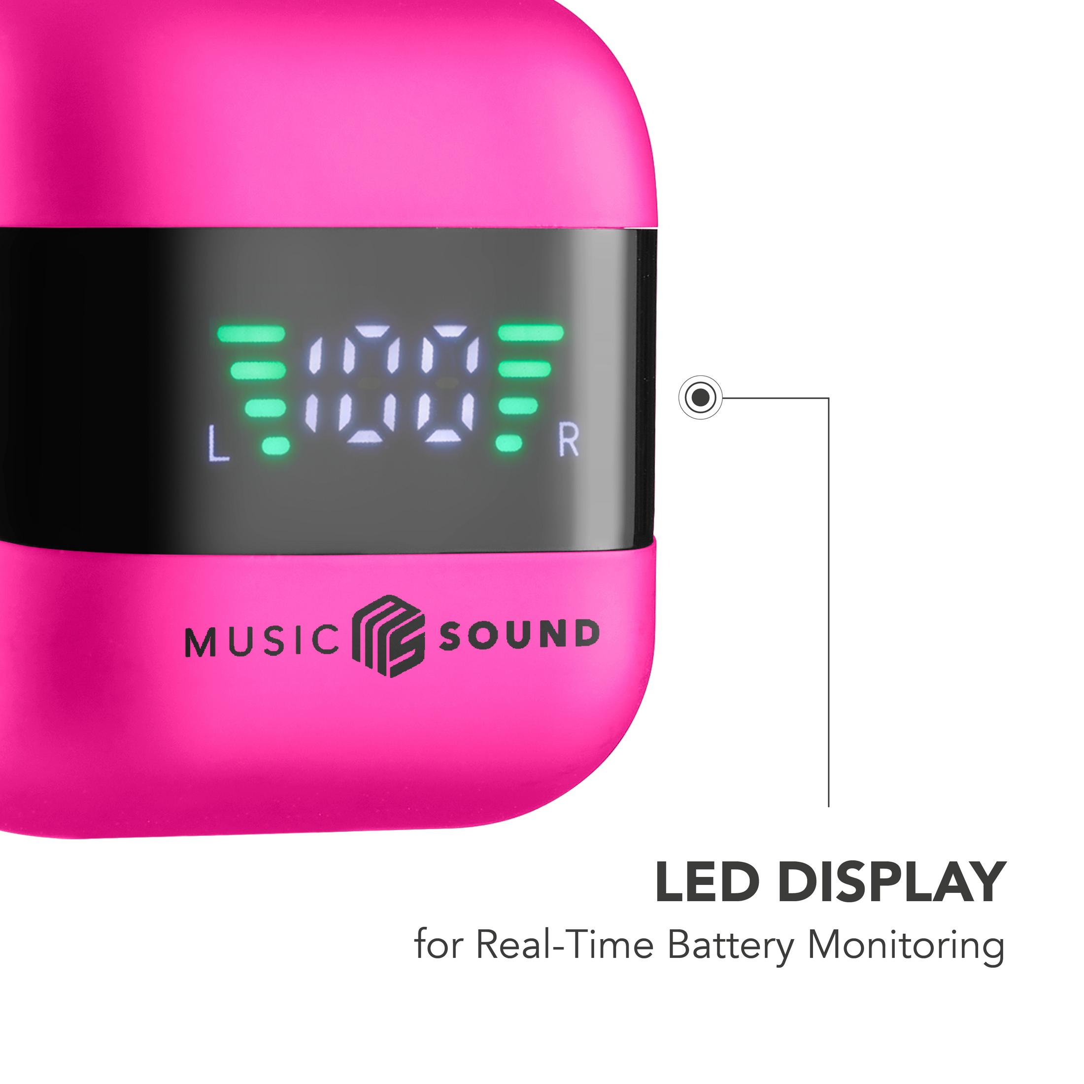 Ein pinkes Ladecase mit einem LED-Display, das 100 % anzeigt.