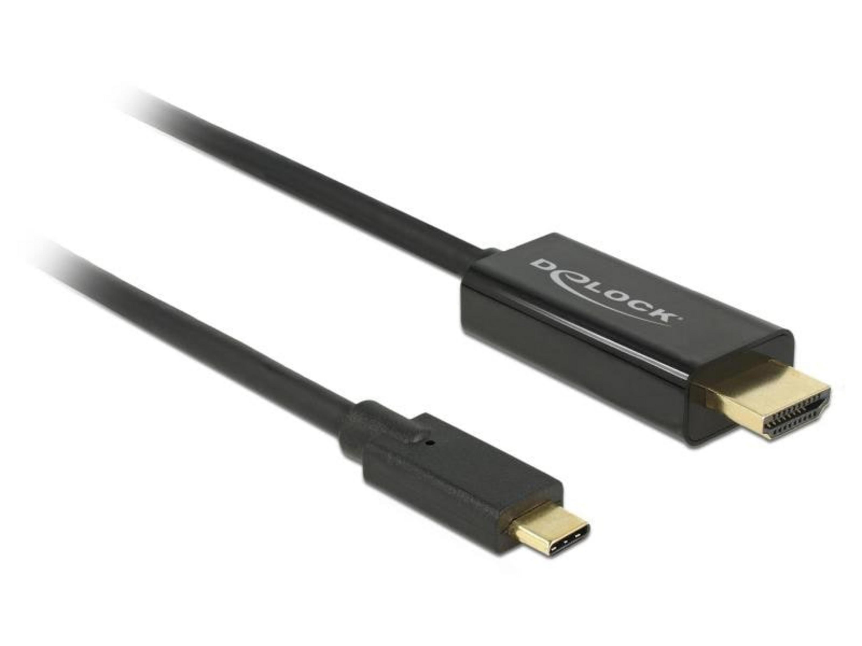 Ein schwarzes Kabel mit USB-C- und HDMI-Steckern auf weißem Hintergrund.
