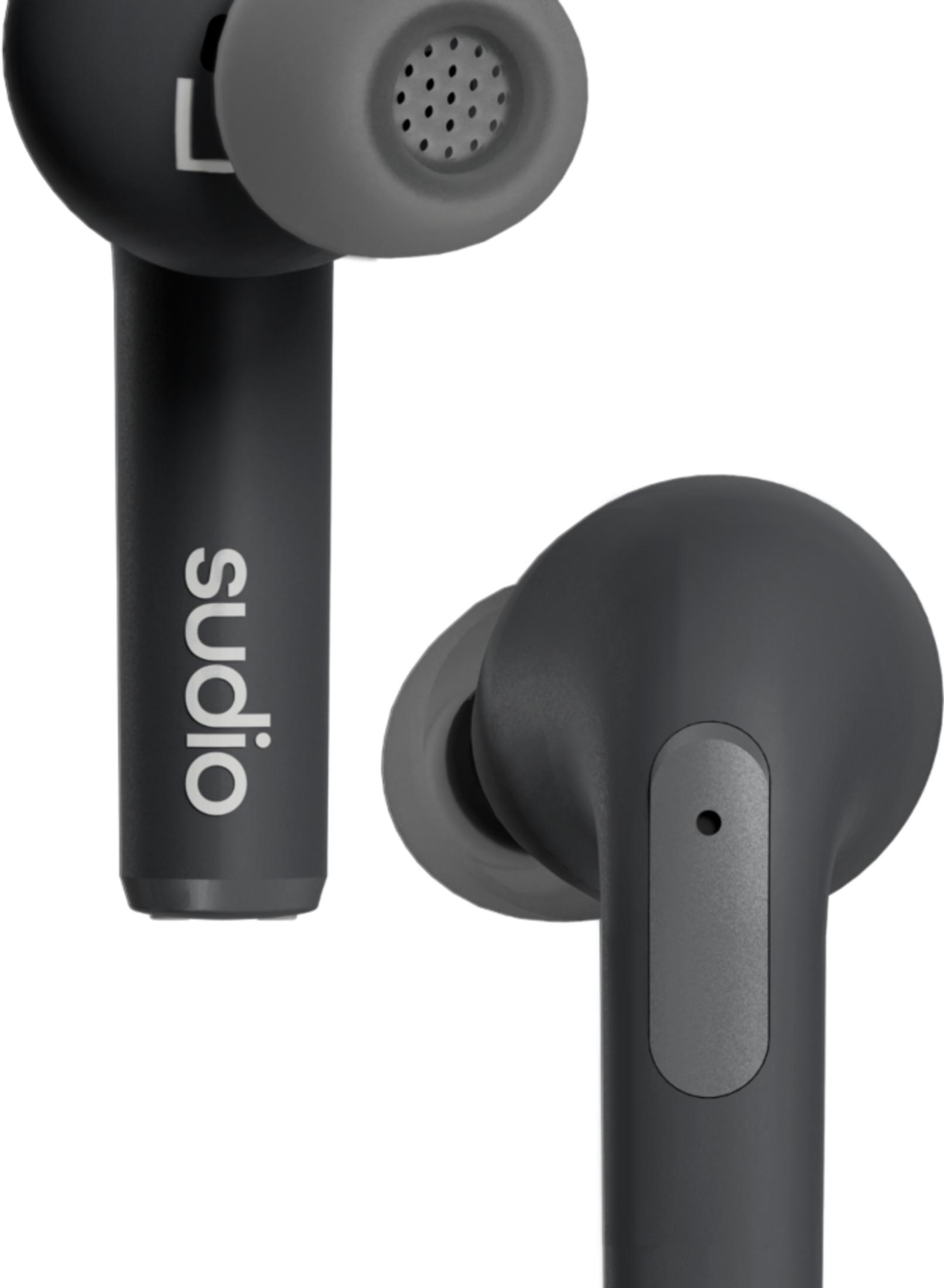 Due auricolari wireless scuri con punte grigie.