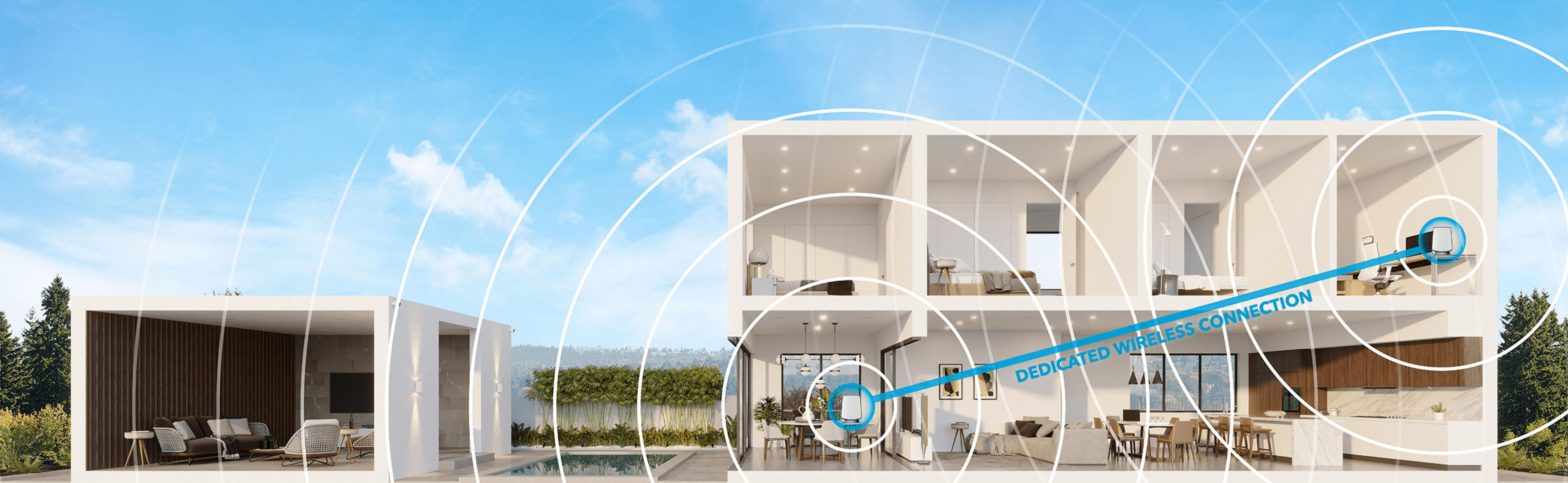 Casa con señal Wi-Fi que se extiende por varias habitaciones.