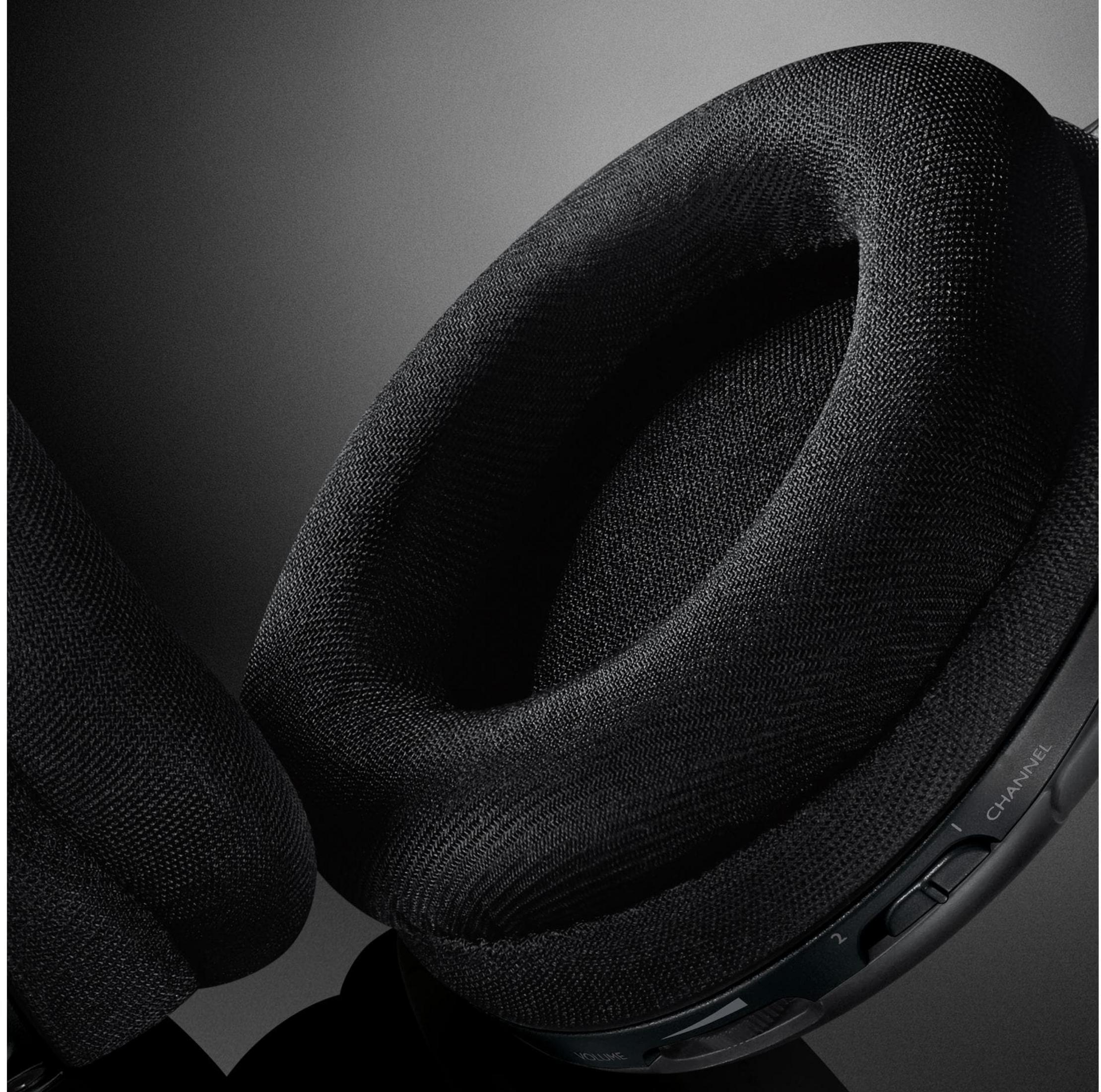 Czarne słuchawki z miękkimi nausznikami i przyciskami sterującymi.