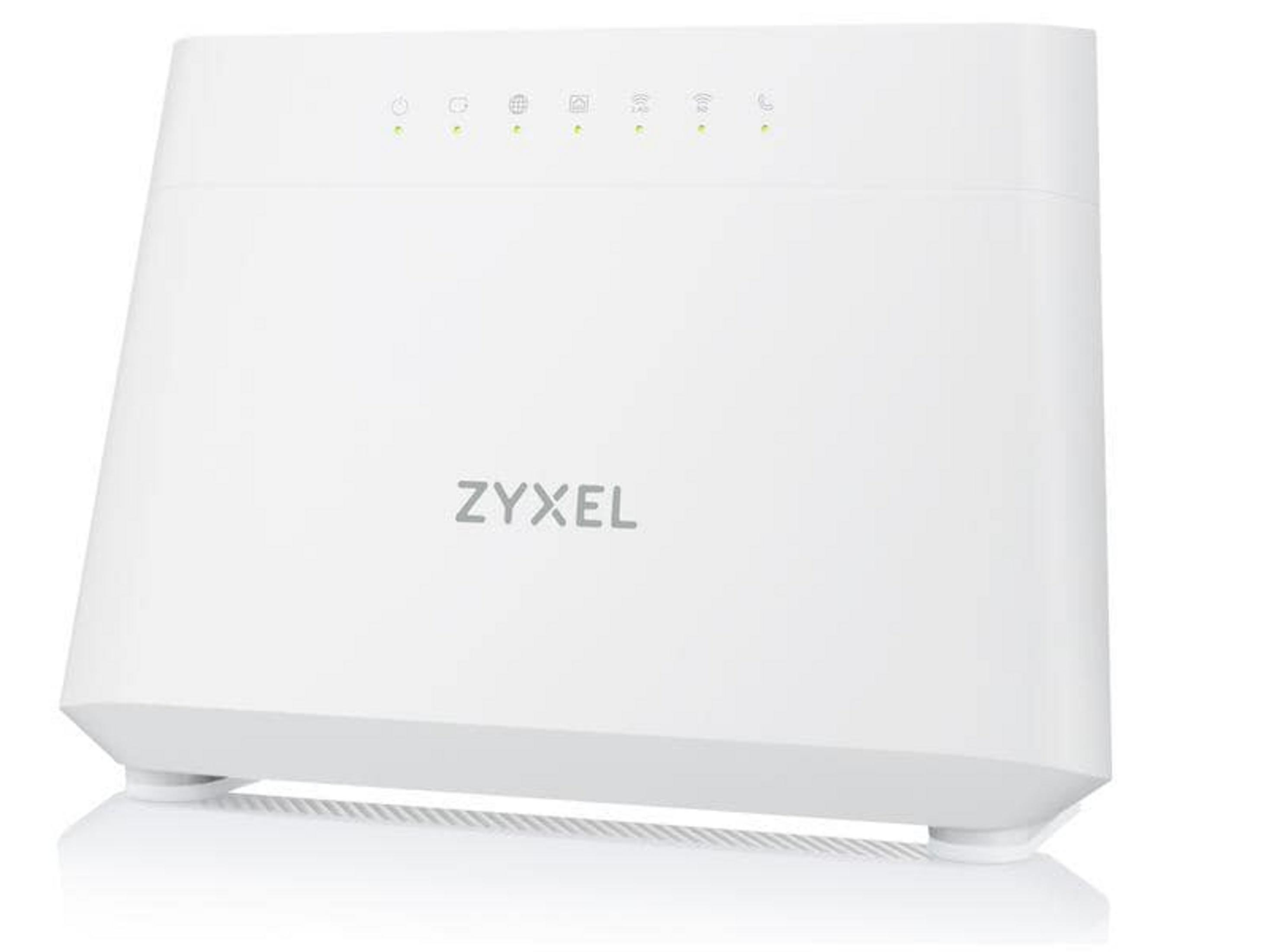 Biały router Zyxel ze światłami statusu i logo.