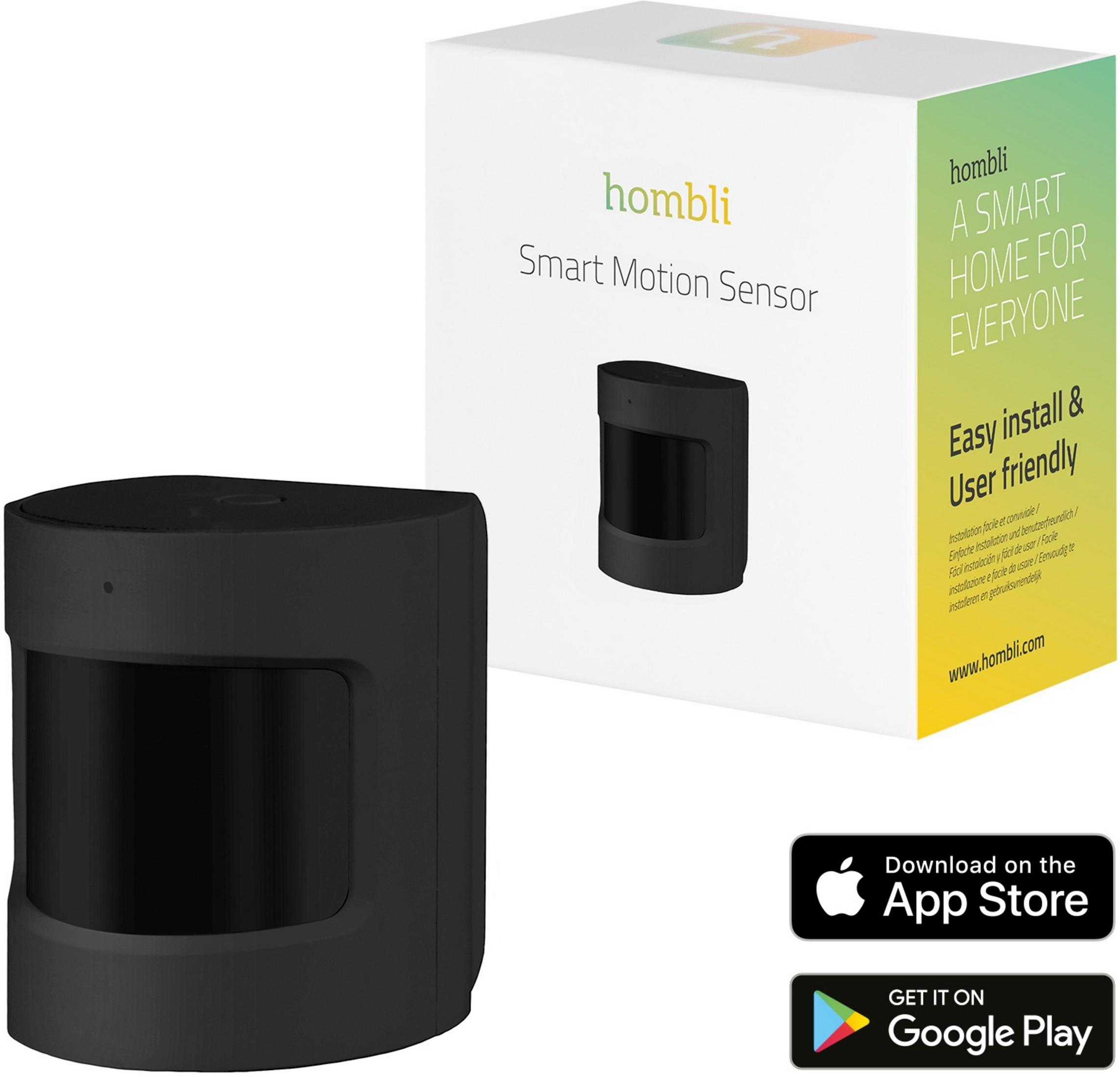 Ein schwarzer Bewegungsmelder neben einer Produktbox mit App-Store-Logos.