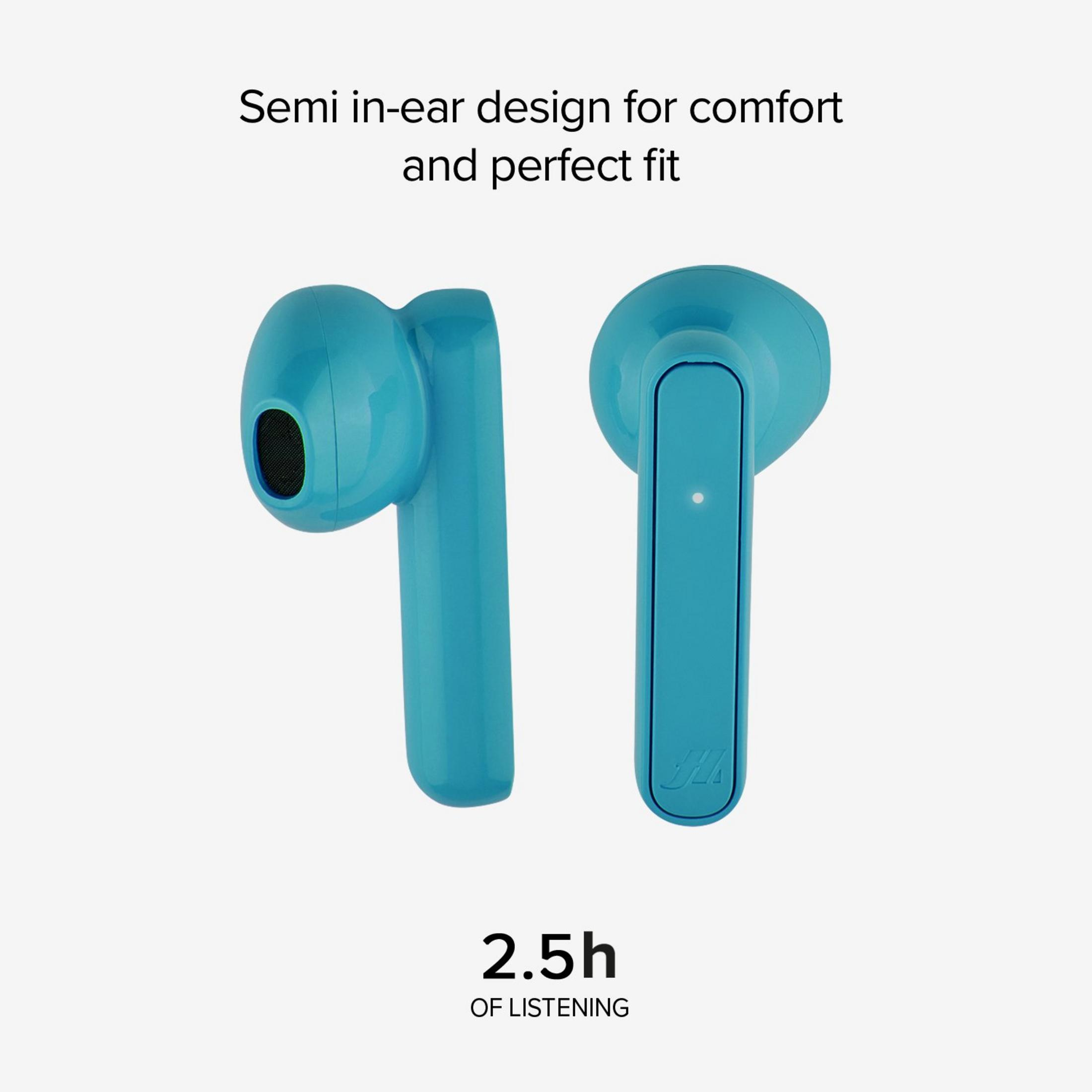 Due auricolari wireless blu su sfondo bianco, con testo su comfort e tempo di ascolto.