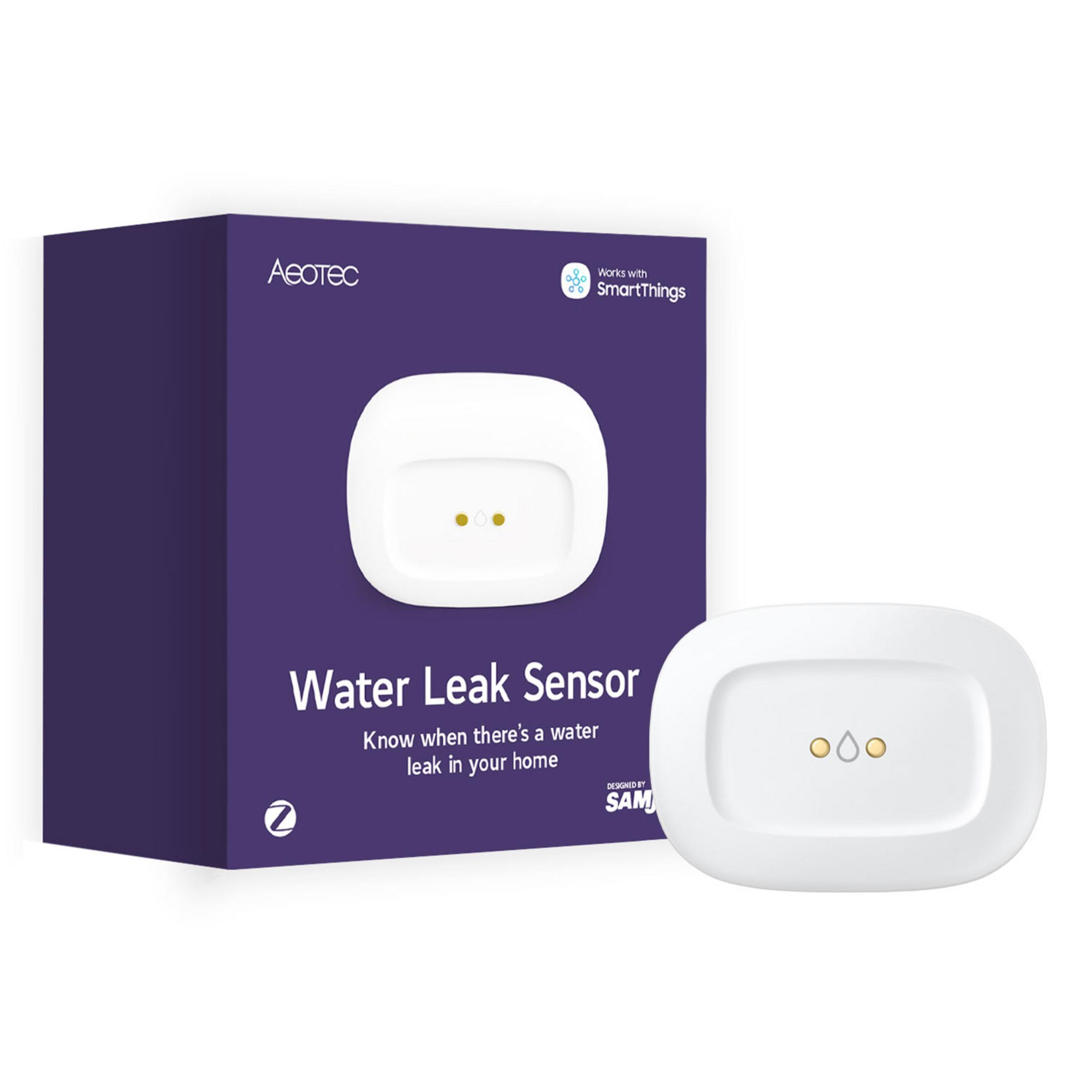 Ein weißer Aeotec Wassermelder und seine lila Verpackung. Funktioniert mit SmartThings.