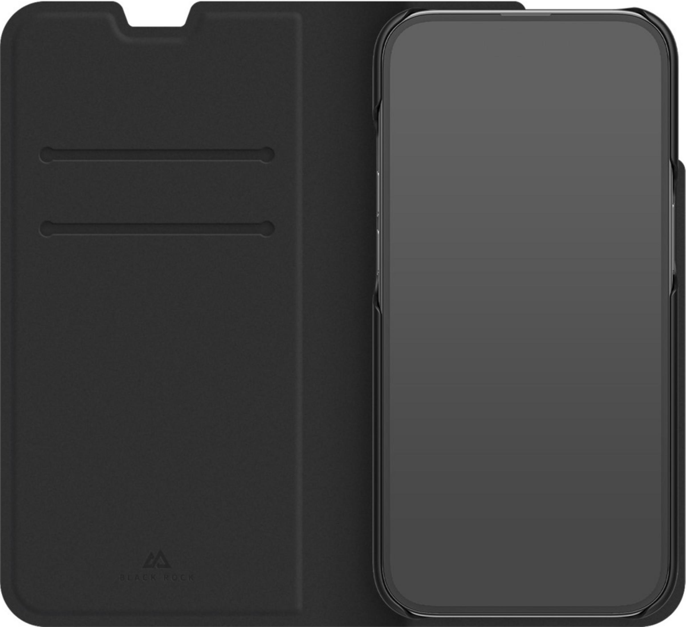 Custodia a libro nera per telefono con slot per carte e smartphone.