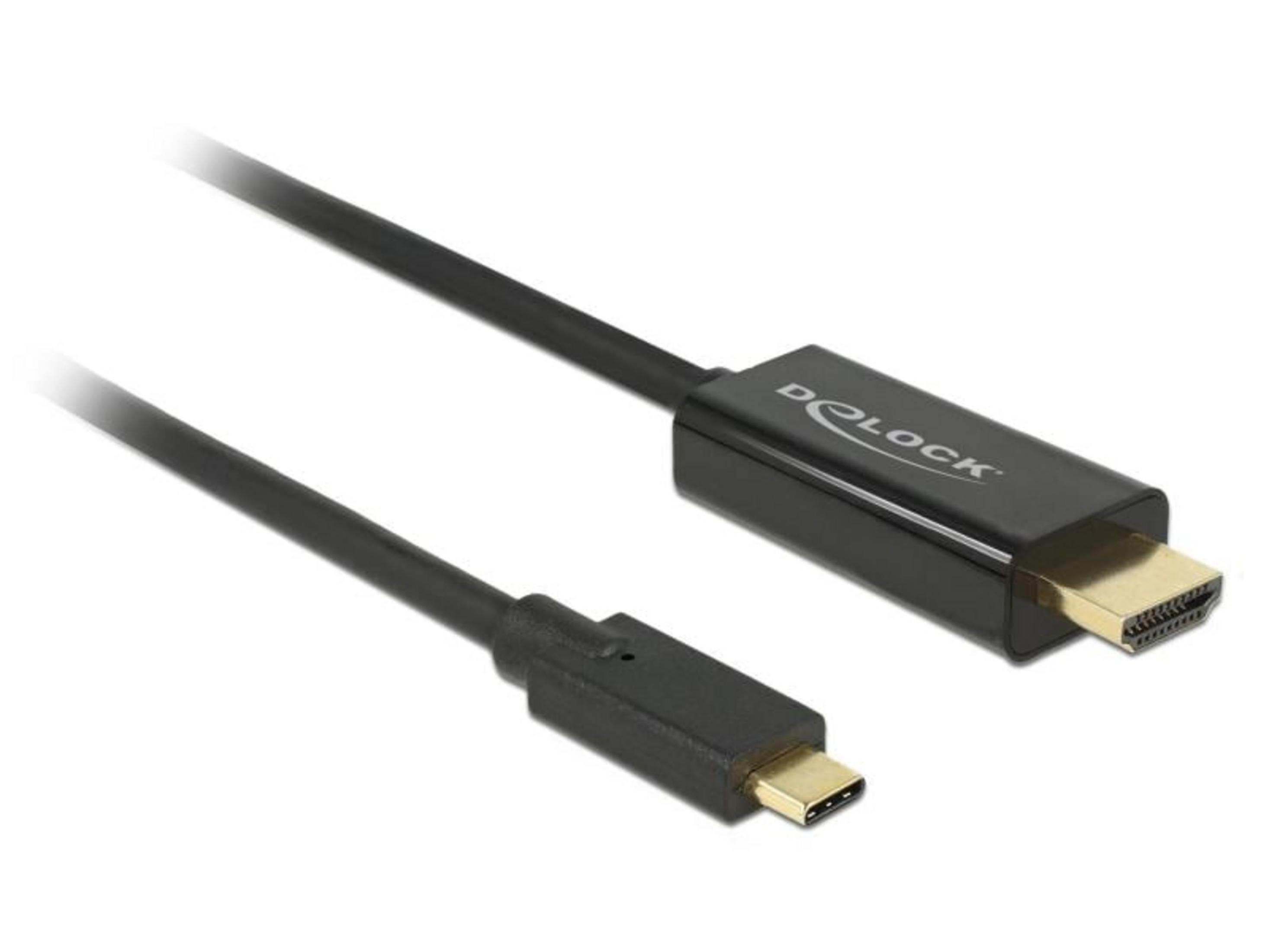 Schwarzes Kabel mit USB-C und HDMI-Anschlüssen, Delock-Logo auf HDMI-Stecker.