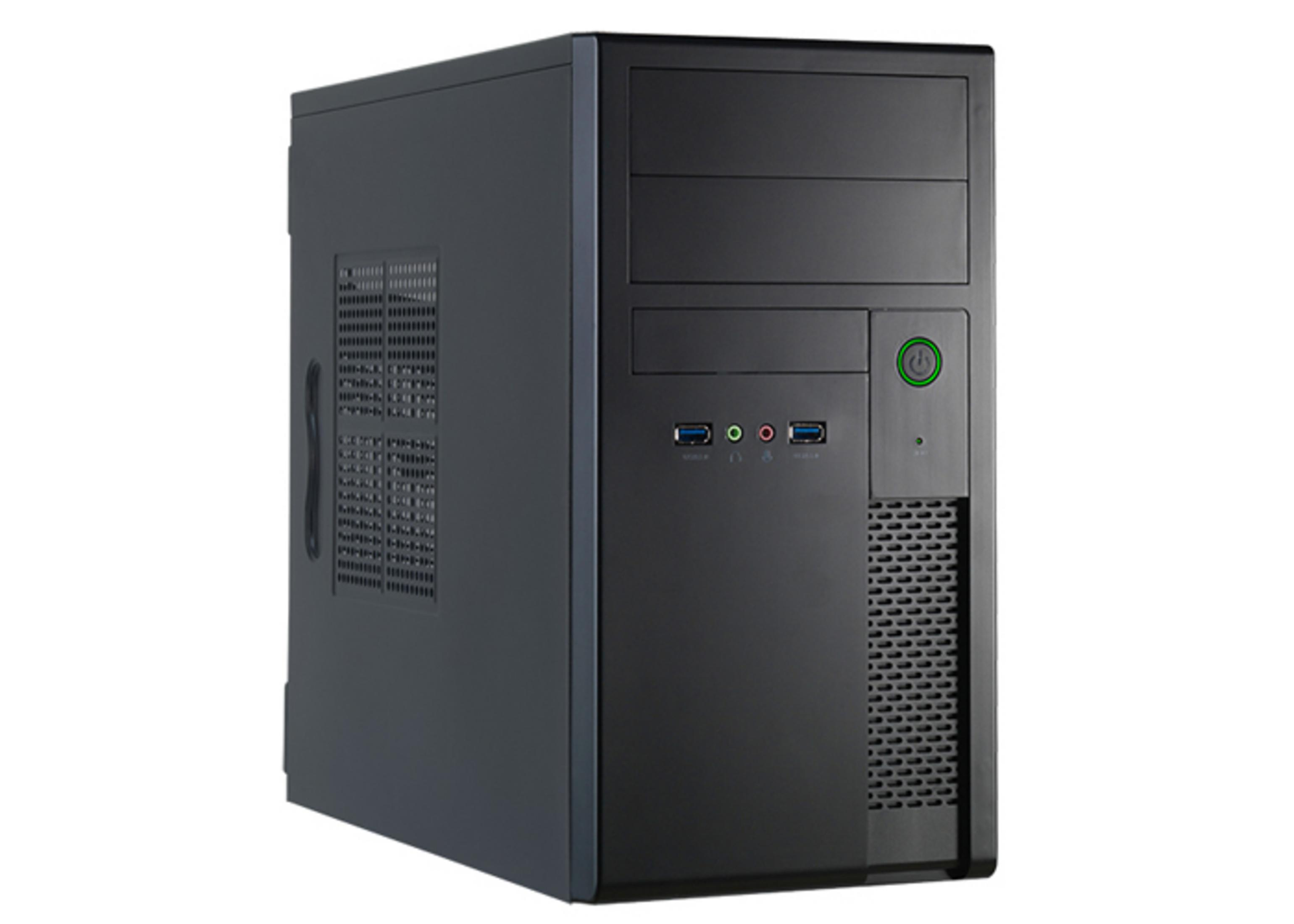 A black computer tower with ventilation slots and ports.