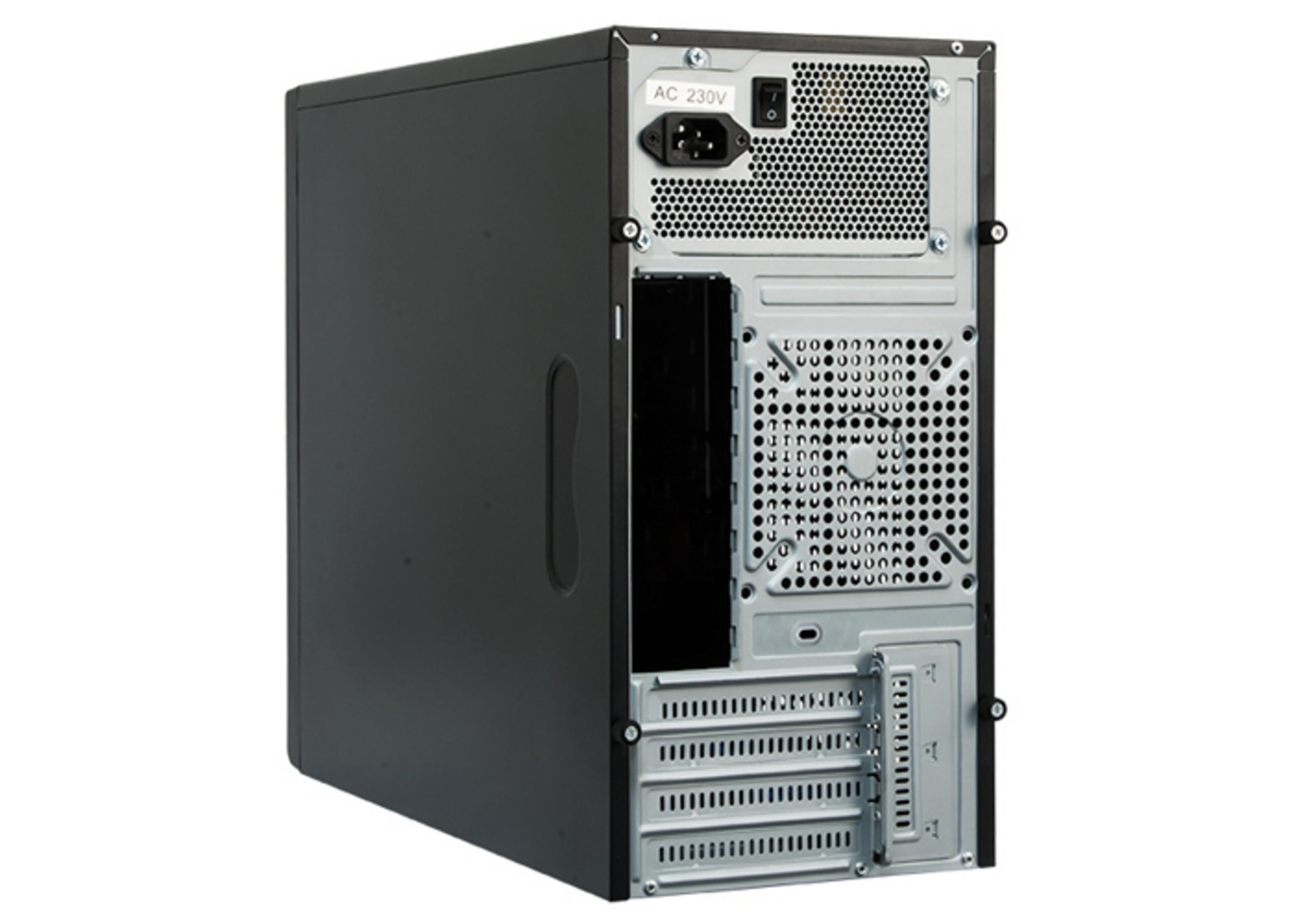 Rear view of a black computer case with ventilation slots and ports.