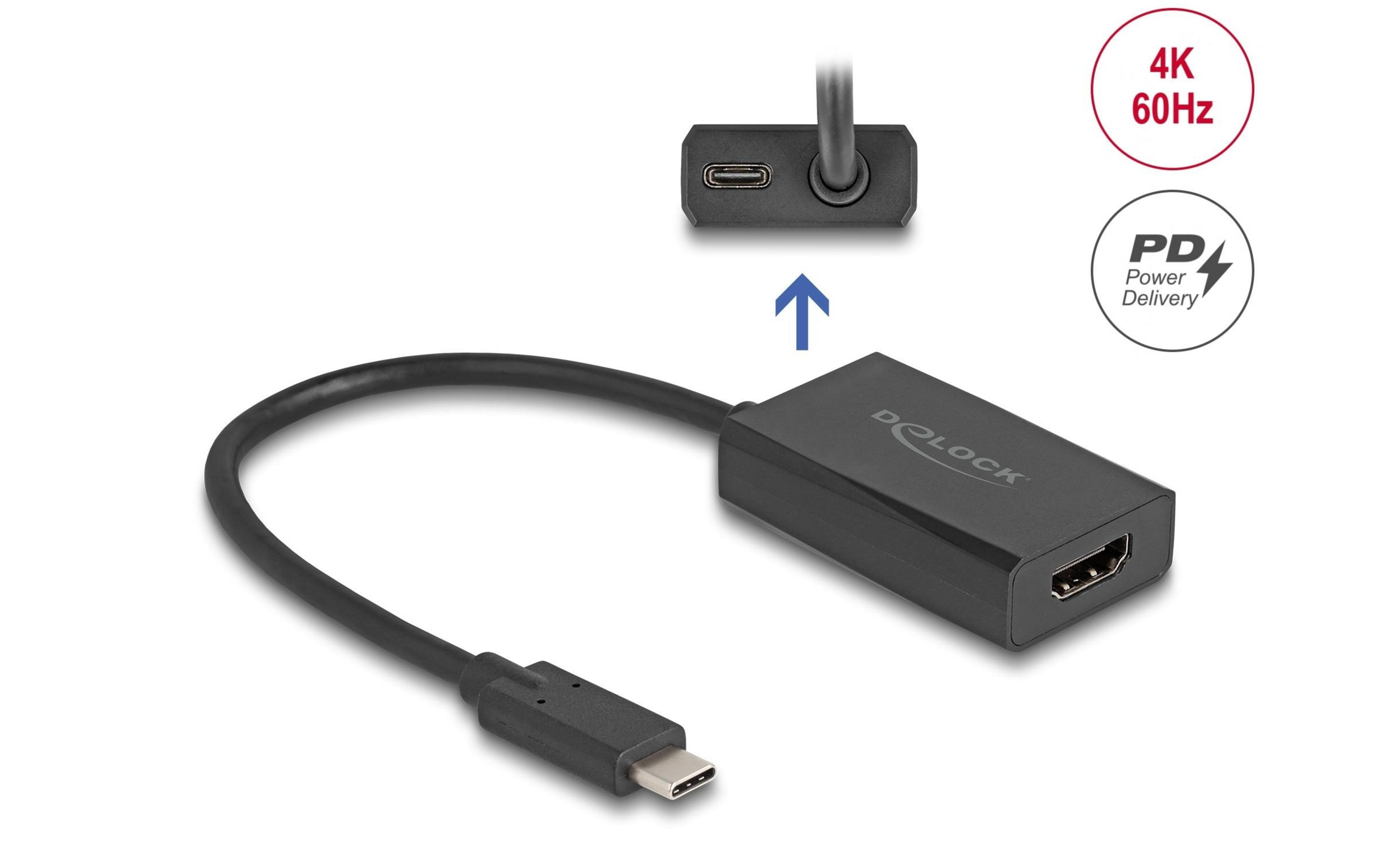 Ein schwarzer USB-C zu HDMI Adapter mit 4K 60Hz und Power Delivery.
