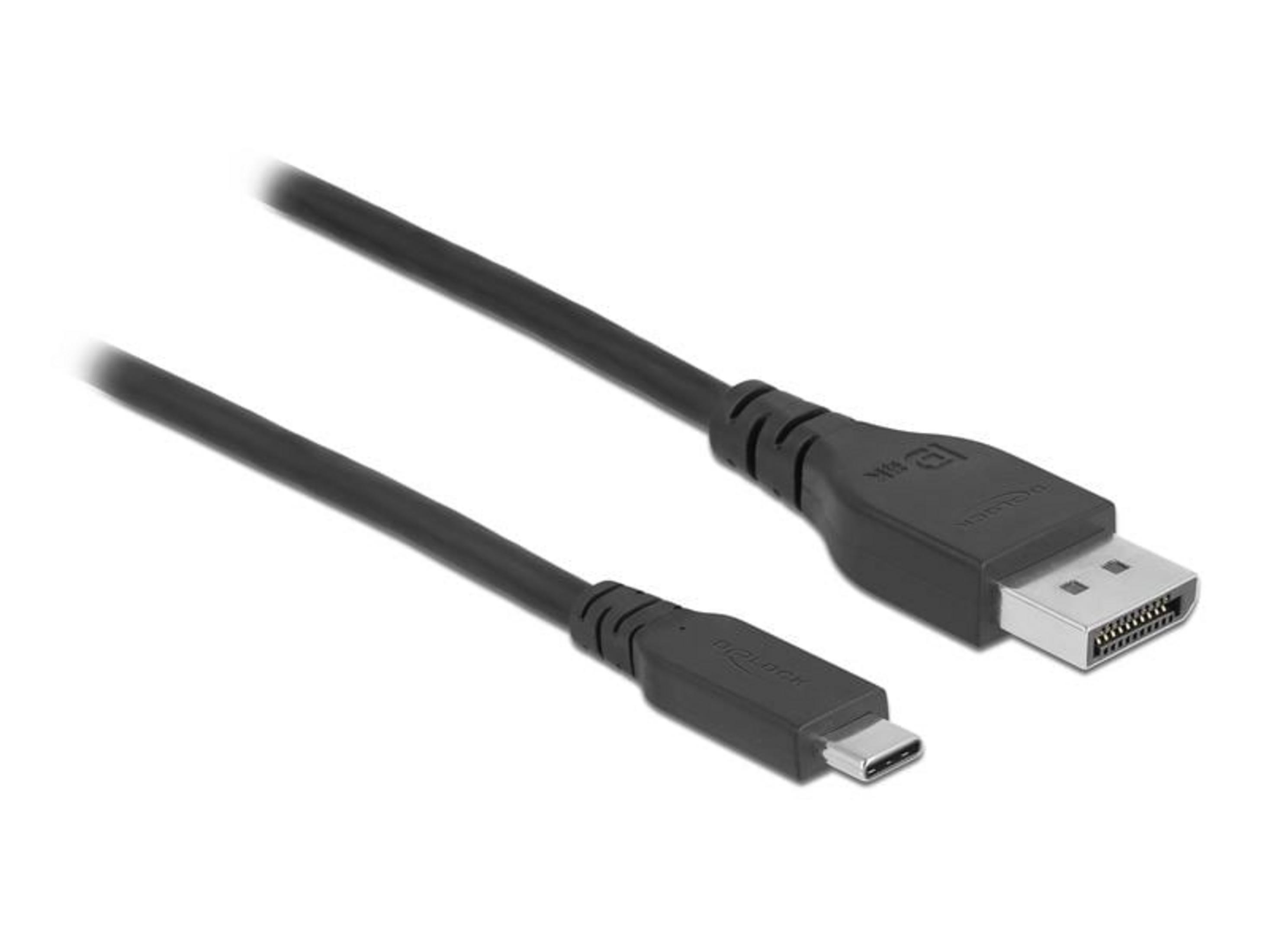 Ein schwarzes USB-C-zu-DisplayPort-Kabel mit beiden Anschlüssen sichtbar.