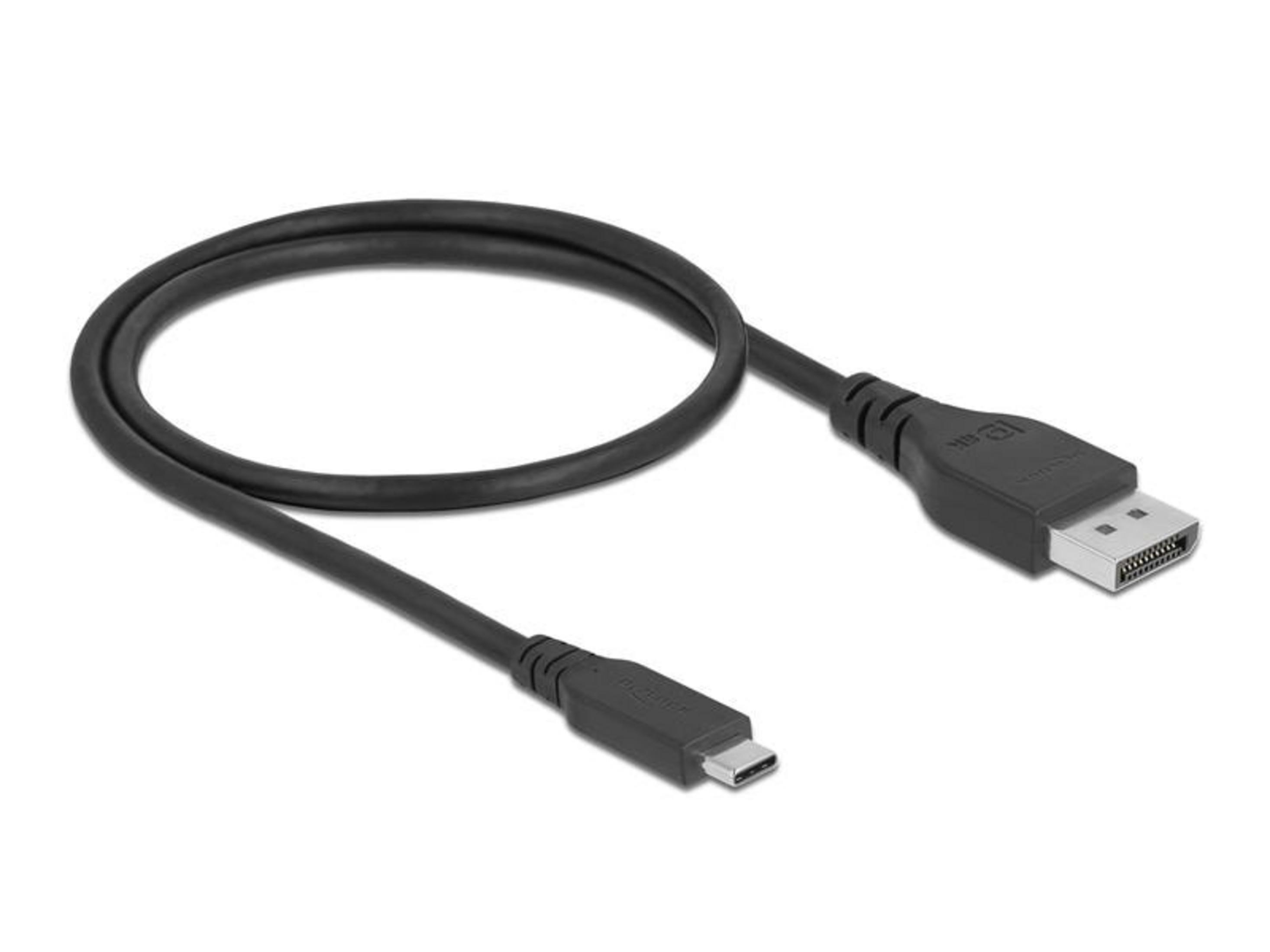 Ein schwarzes USB-C zu DisplayPort Kabel mit silbernen Anschlüssen.
