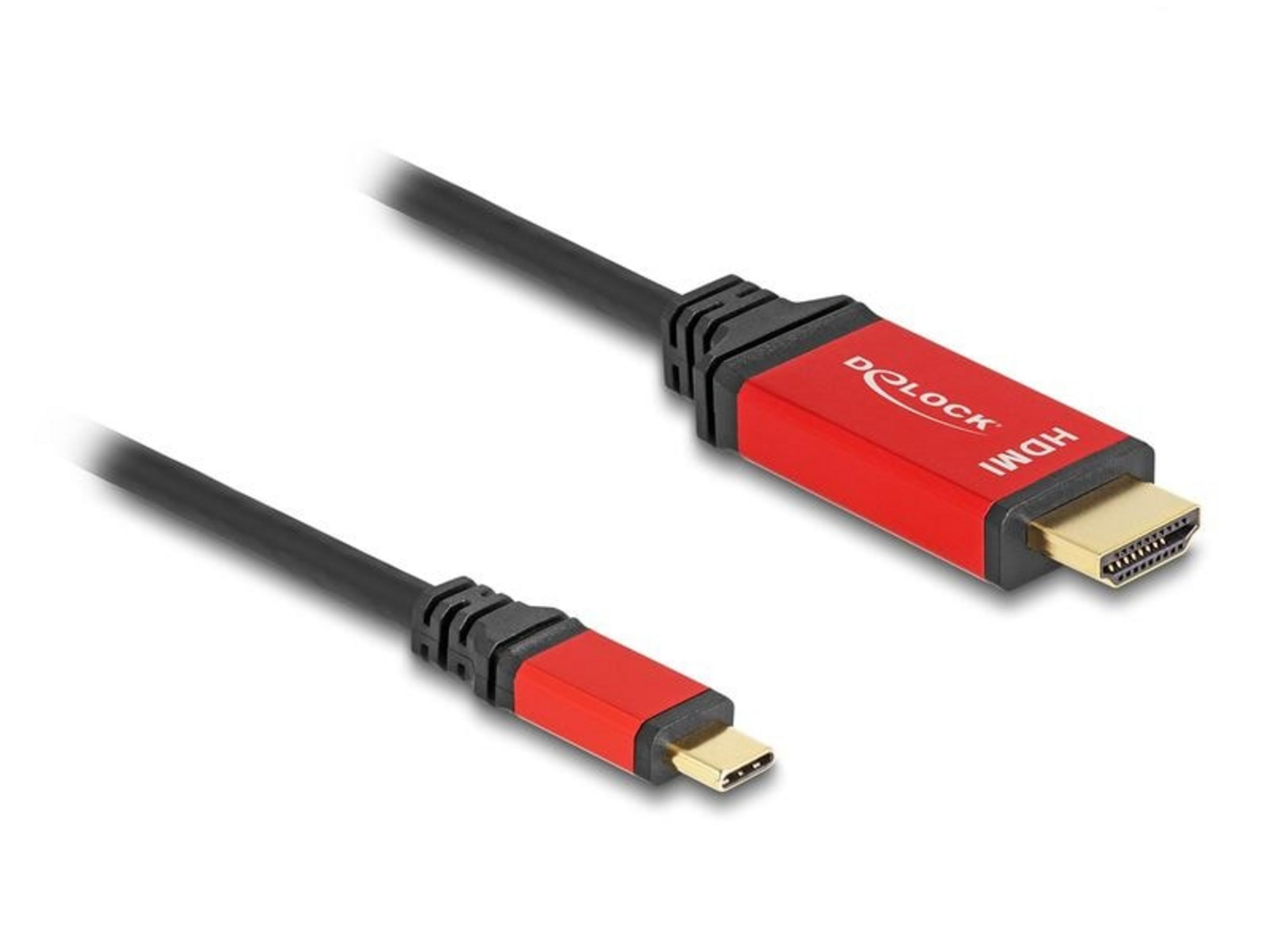 Ein schwarzes Kabel mit roten Anschlüssen, ein USB-C und ein HDMI-Stecker.