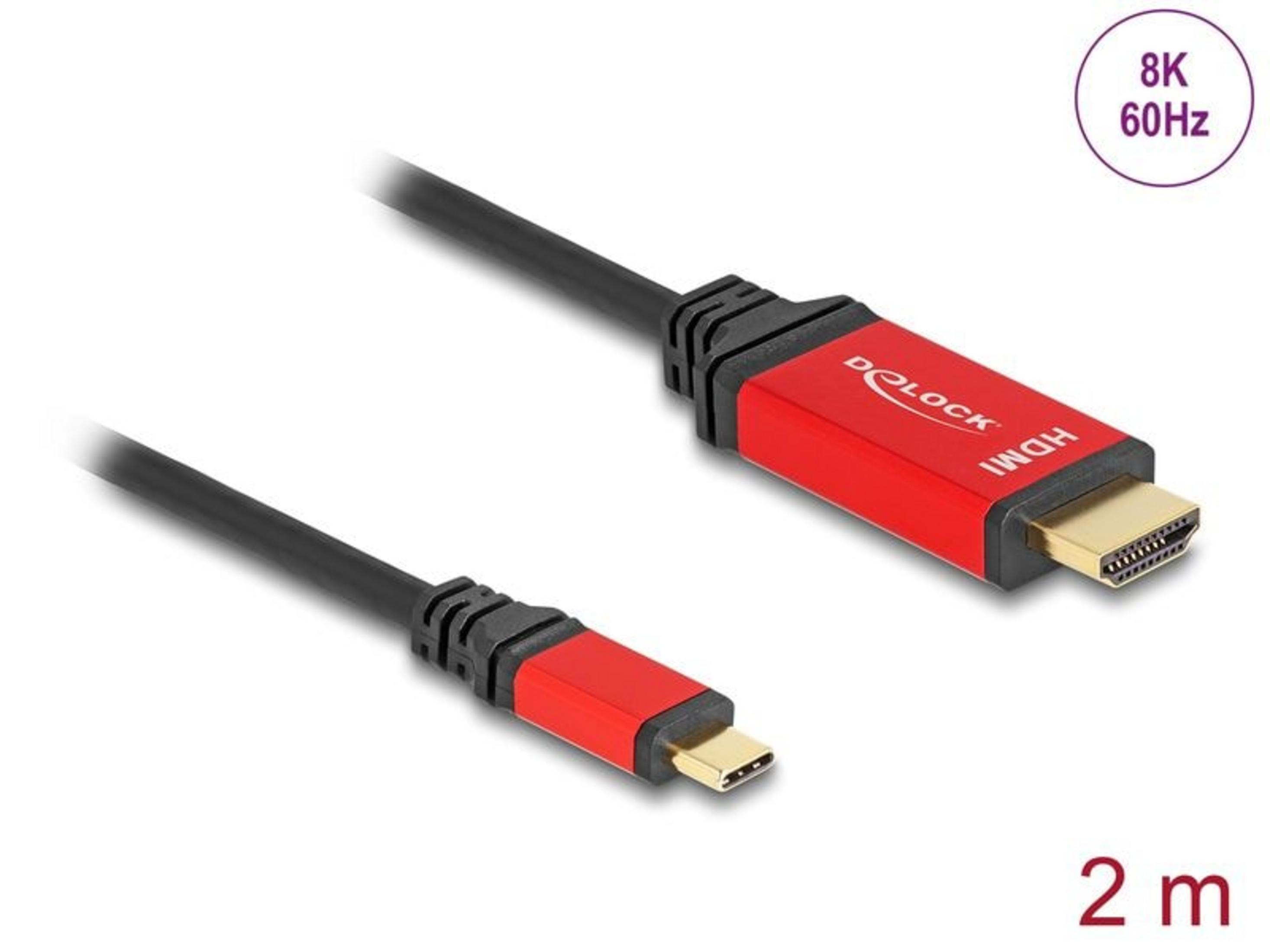 Ein schwarzes Kabel mit roten Steckern, HDMI und USB-C. 8K 60Hz.