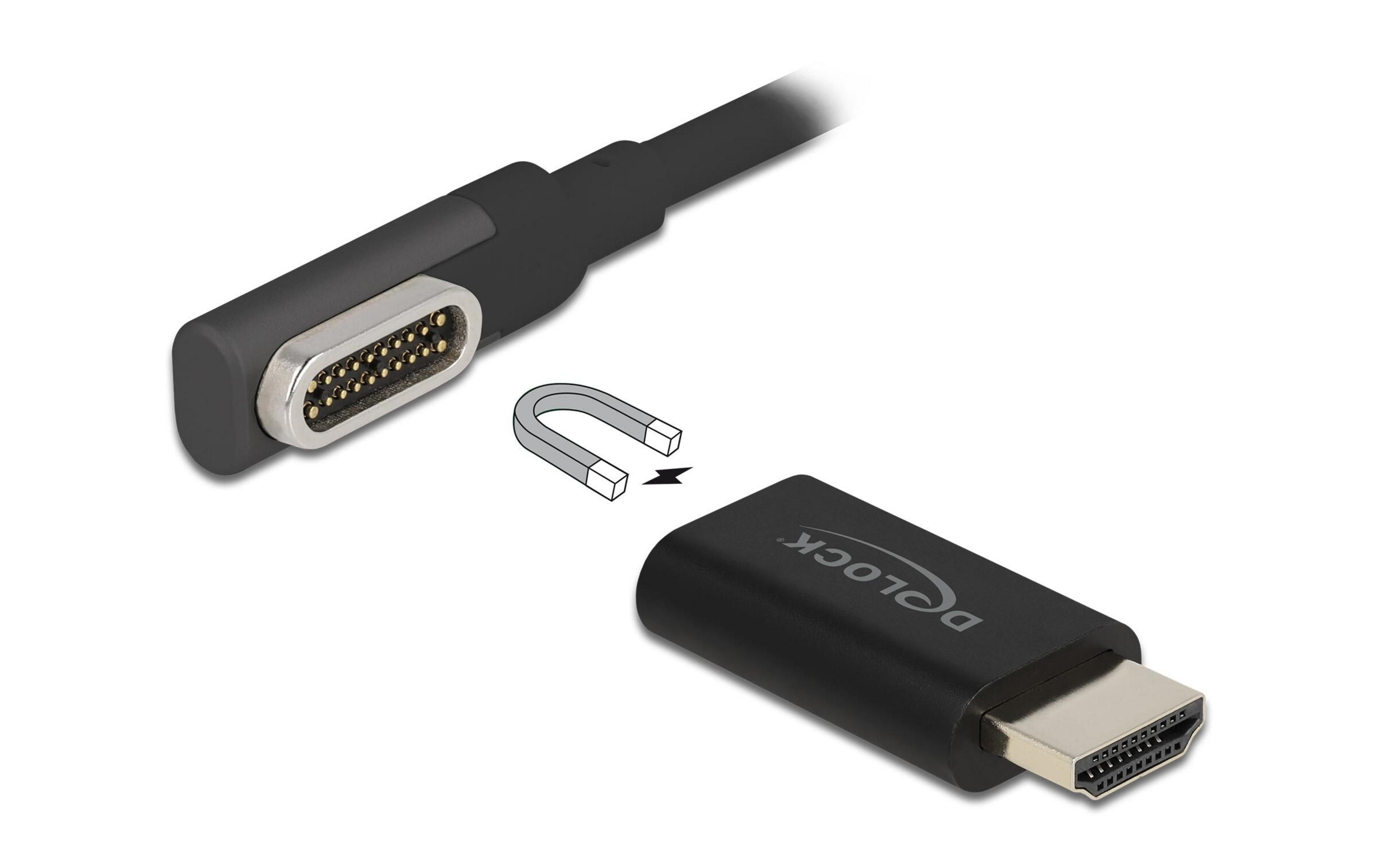 Un conector magnético y un adaptador HDMI con el logo Delock.