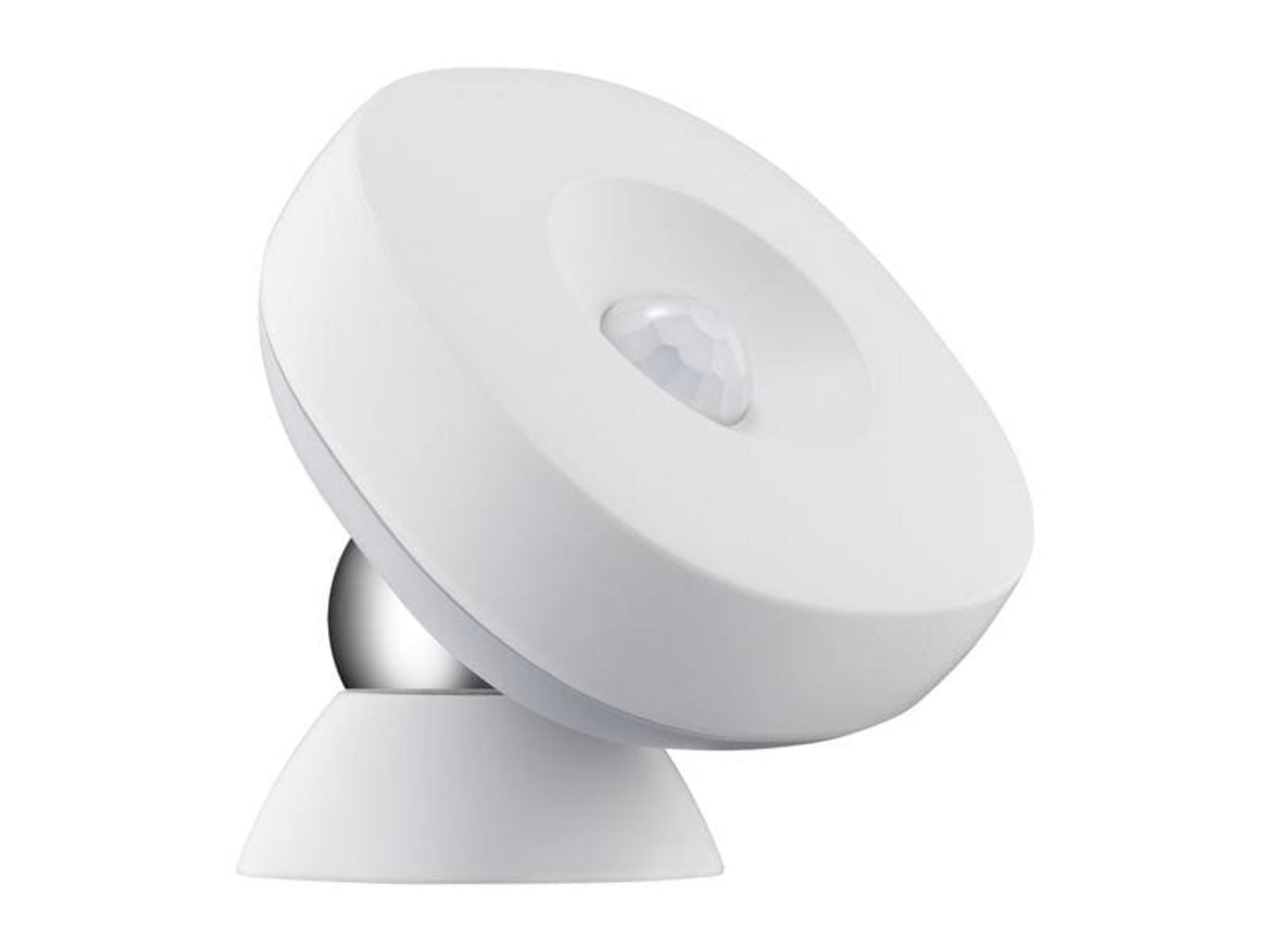 Un détecteur de mouvement blanc avec articulation sphérique sur un socle.