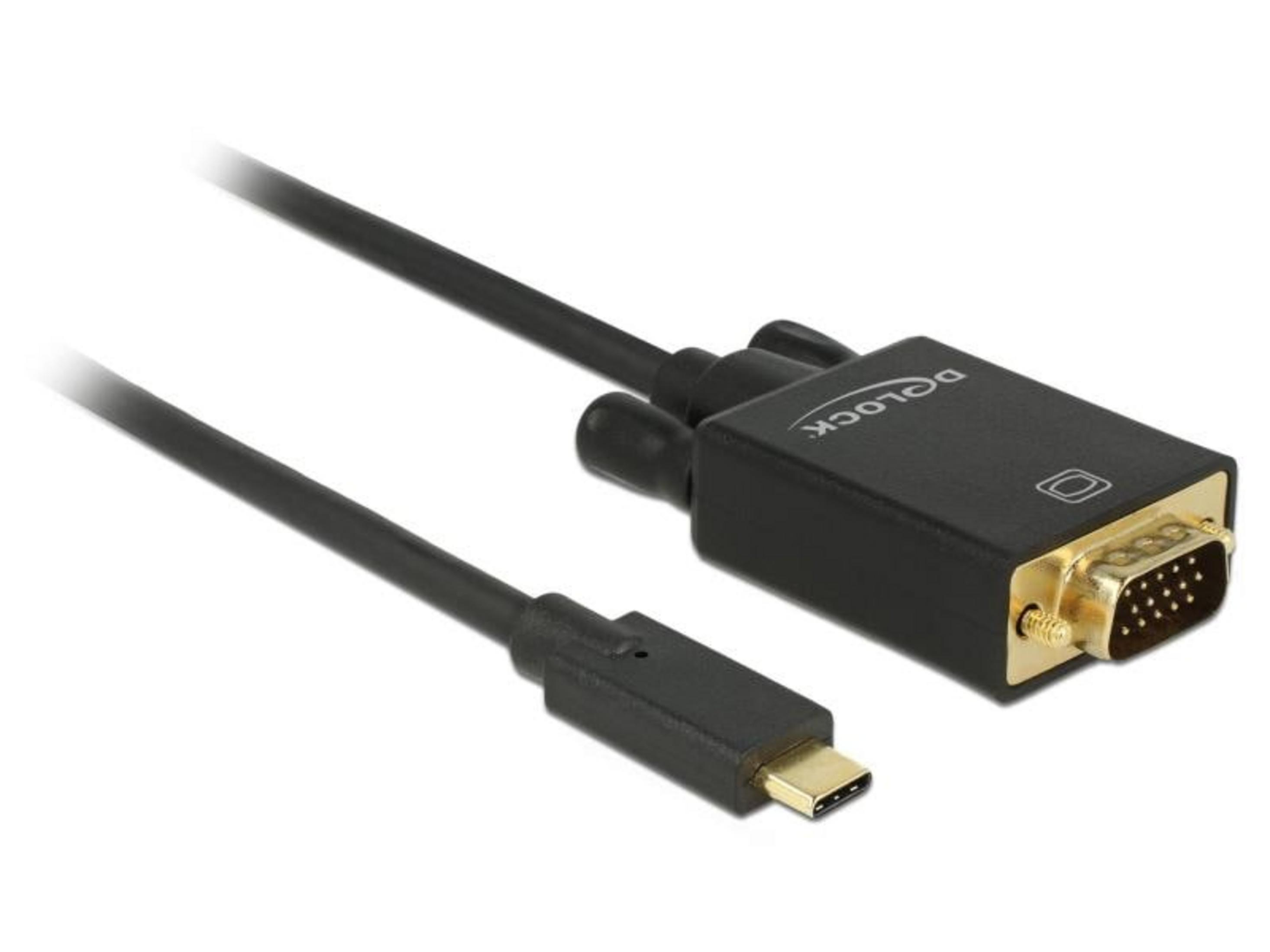 Ein schwarzes USB-C-auf-VGA-Adapterkabel mit goldenen Anschlüssen.
