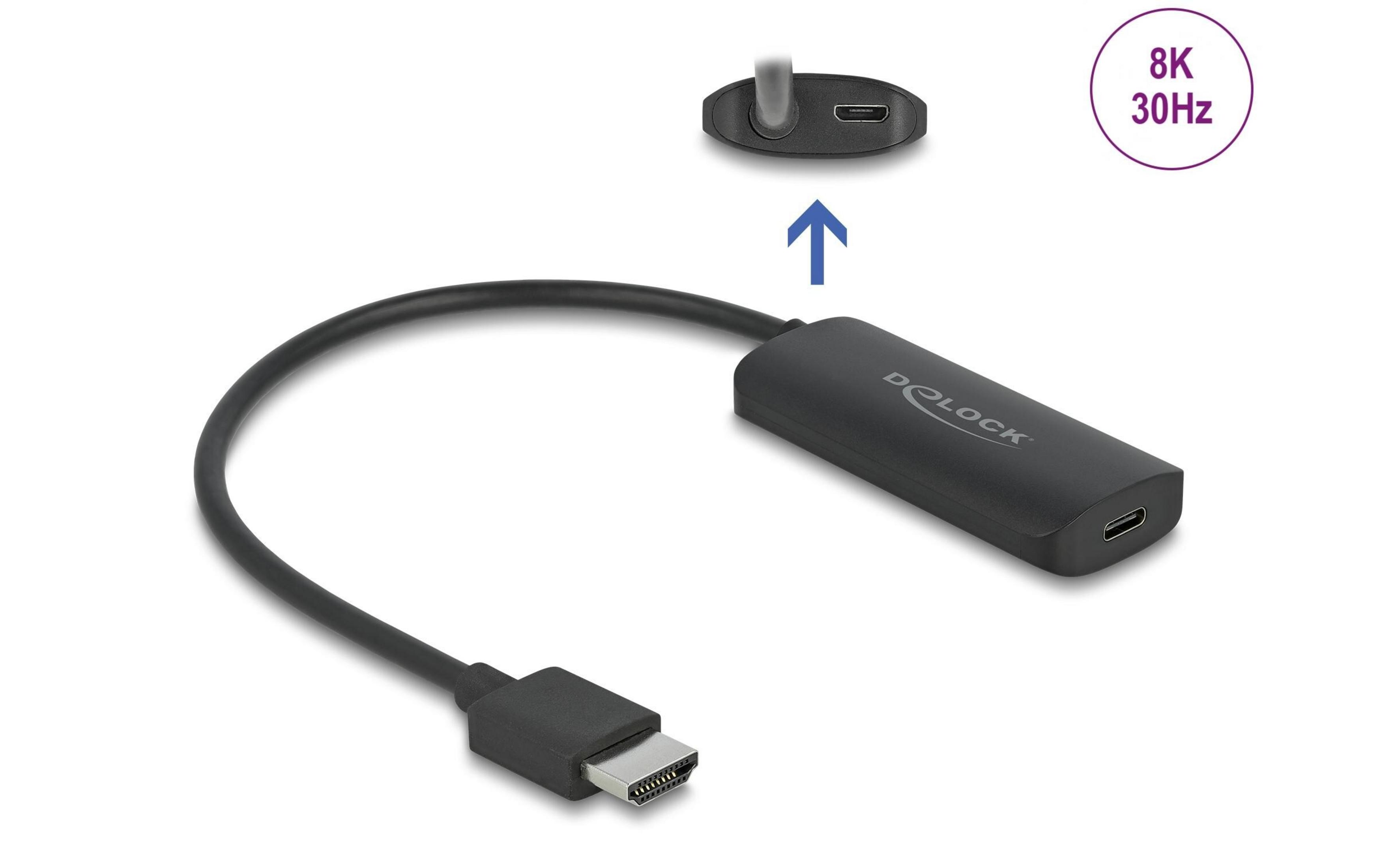Adaptador de cable negro con conector HDMI y puerto USB-C, 8K 30Hz.