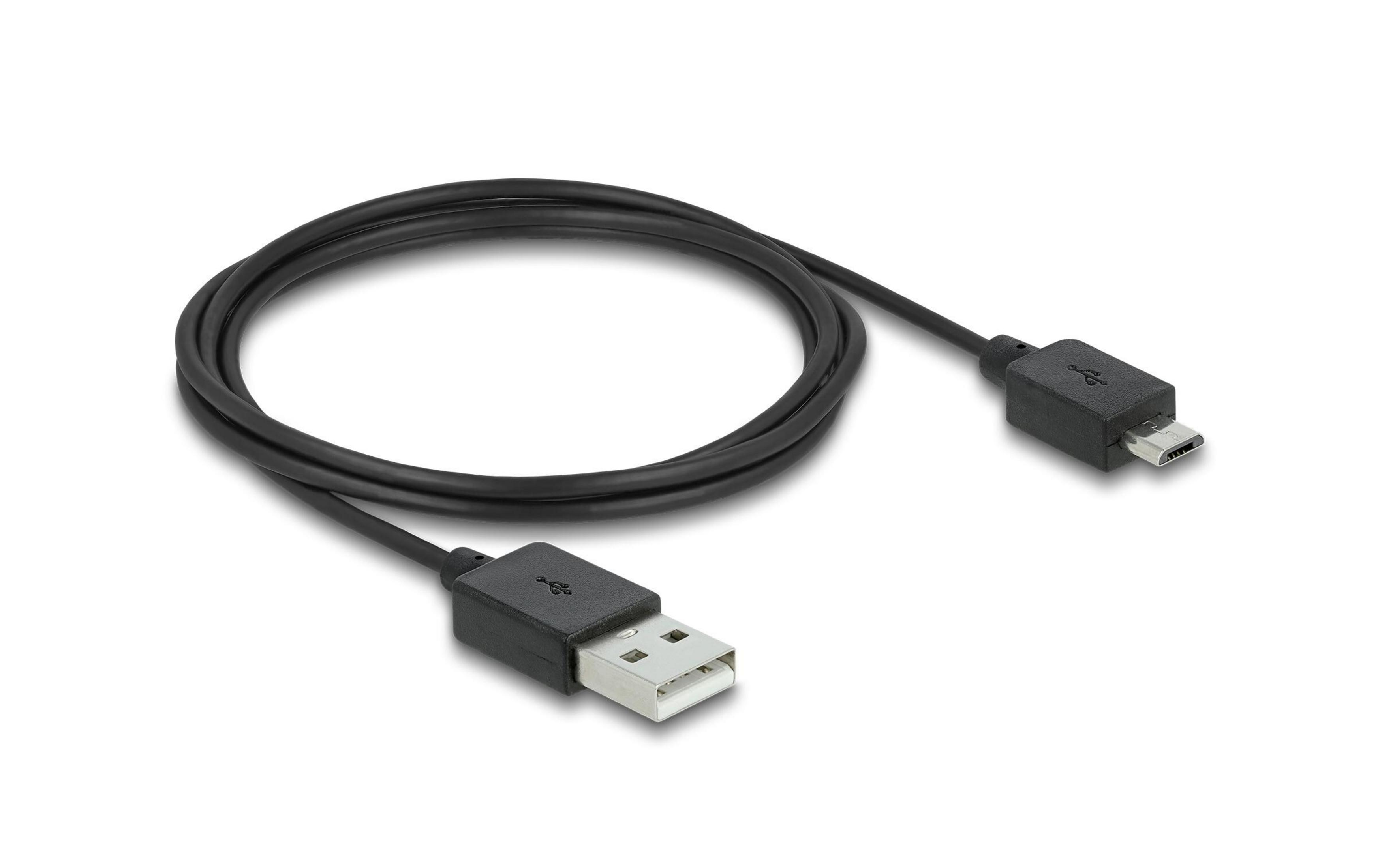 Cable USB a Micro USB negro enrollado sobre fondo blanco.