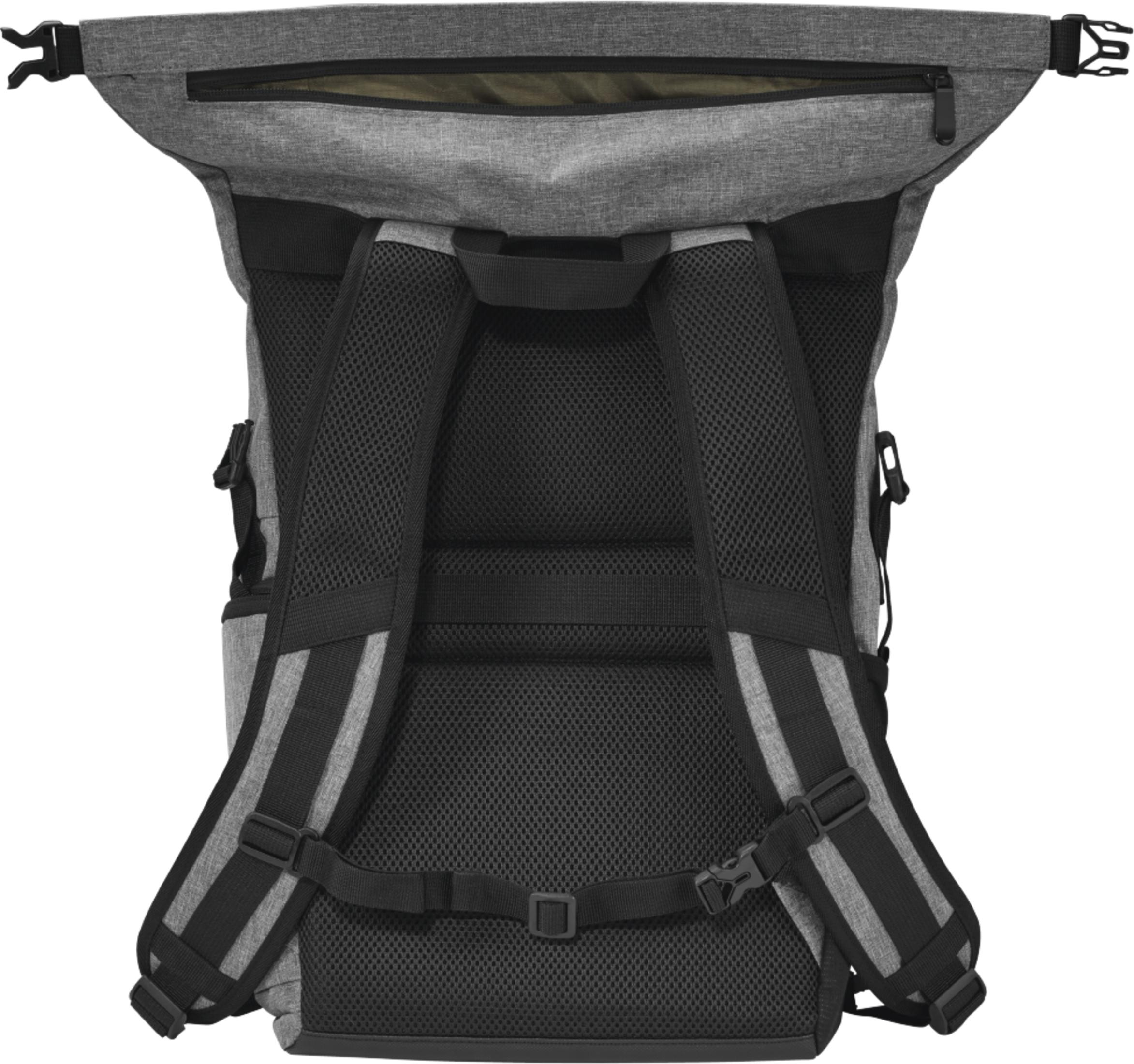 Szary plecak z czarną siateczkową wyściółką i paskami. Otwarty top.