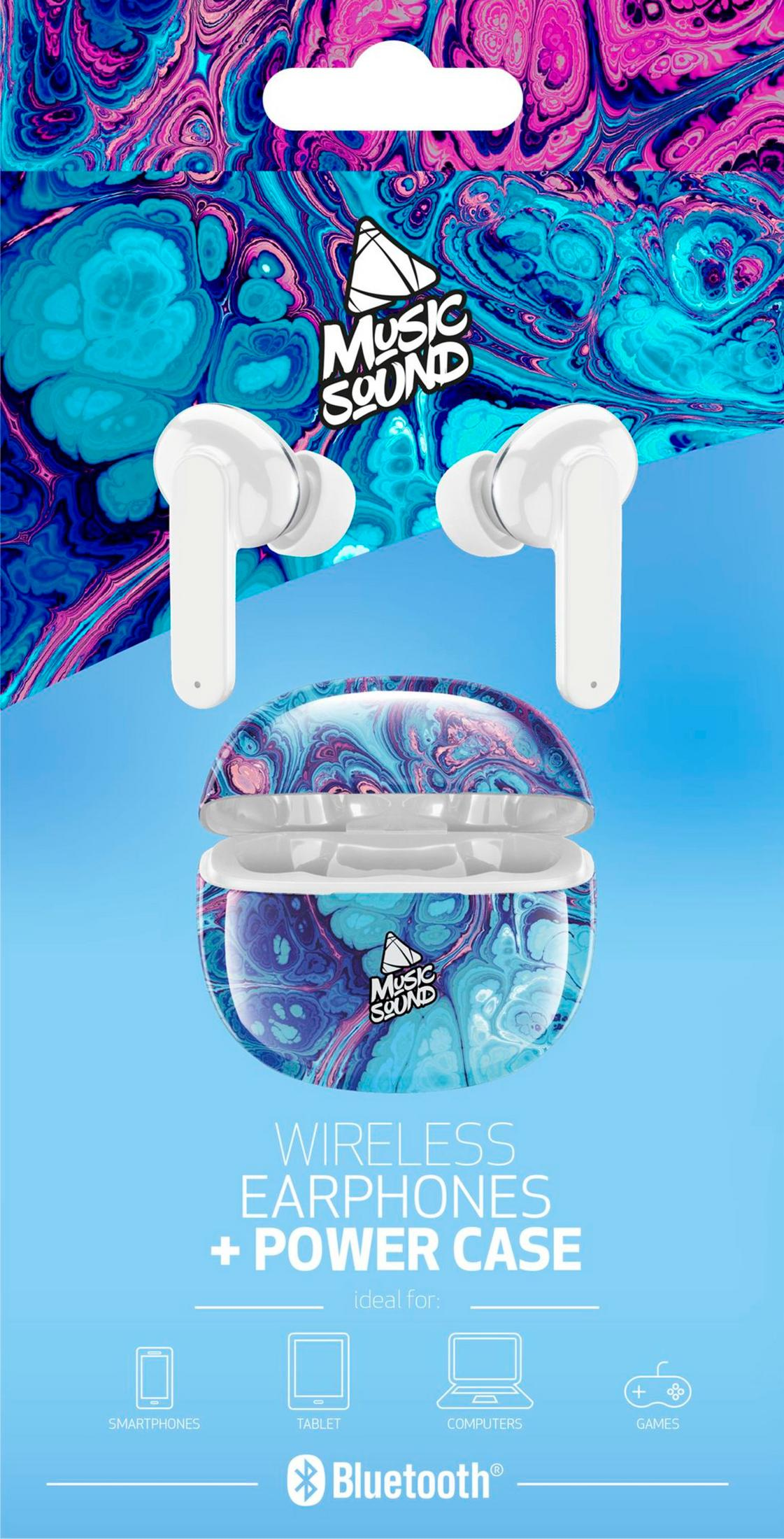Auricolari wireless bianchi e custodia di ricarica aperta con design astratto colorato. Testo: Music Sound.