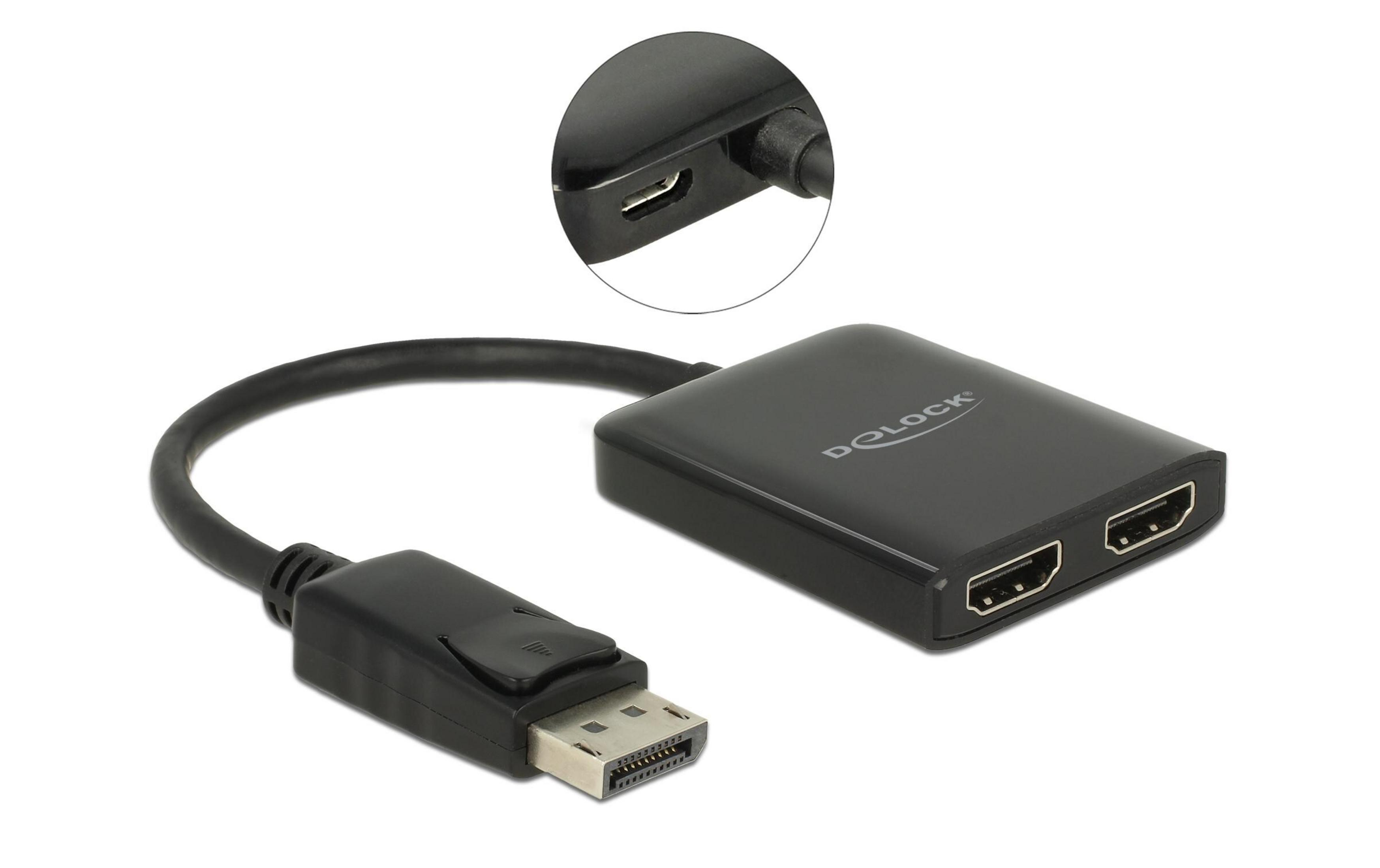 Schwarzer Delock Adapter mit DisplayPort zu 2x HDMI Ausgang. Nahaufnahme zeigt Micro-USB-Anschluss.