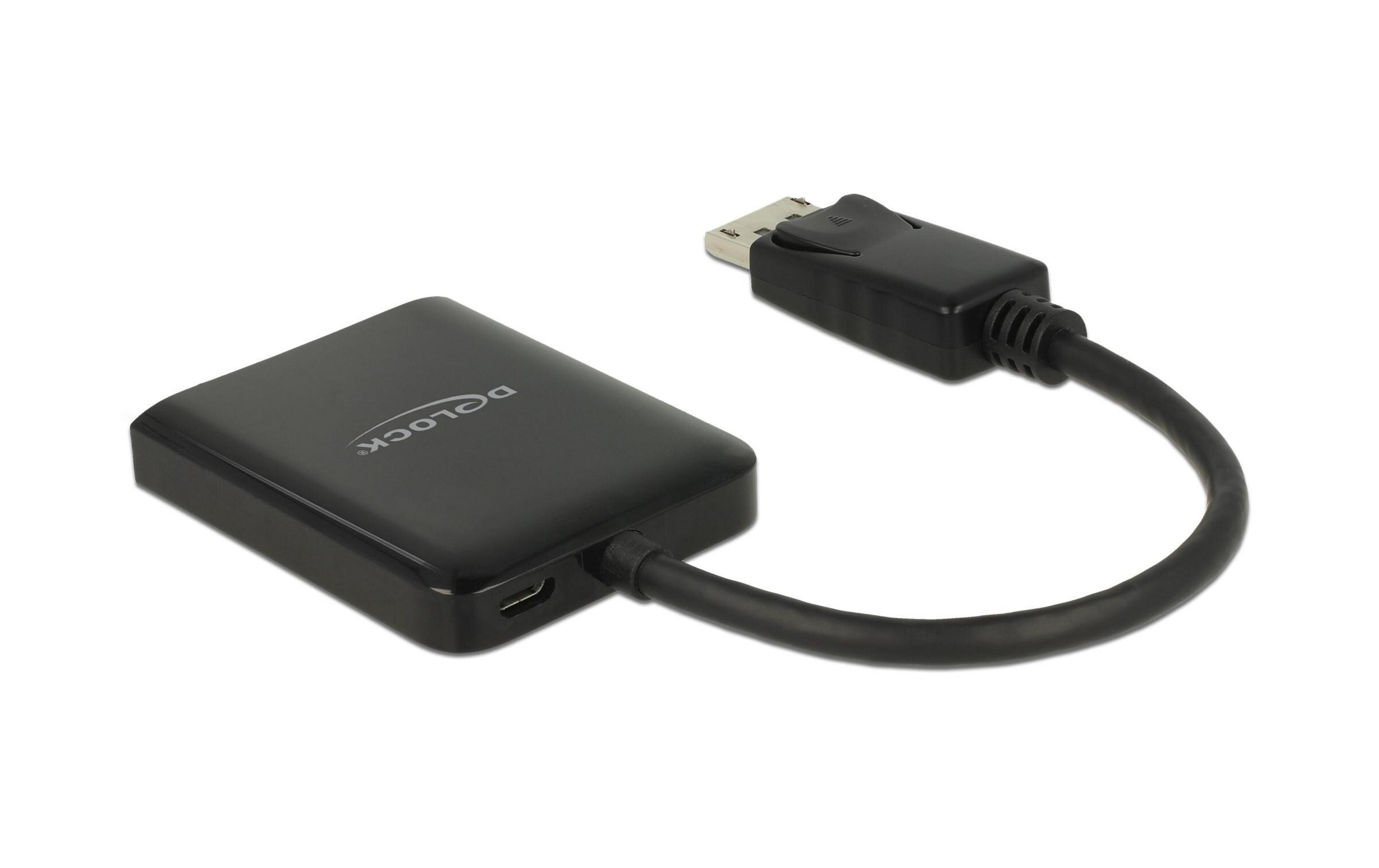 Ein schwarzer DisplayPort-Adapter mit USB-C-Anschluss und einem Kabel.