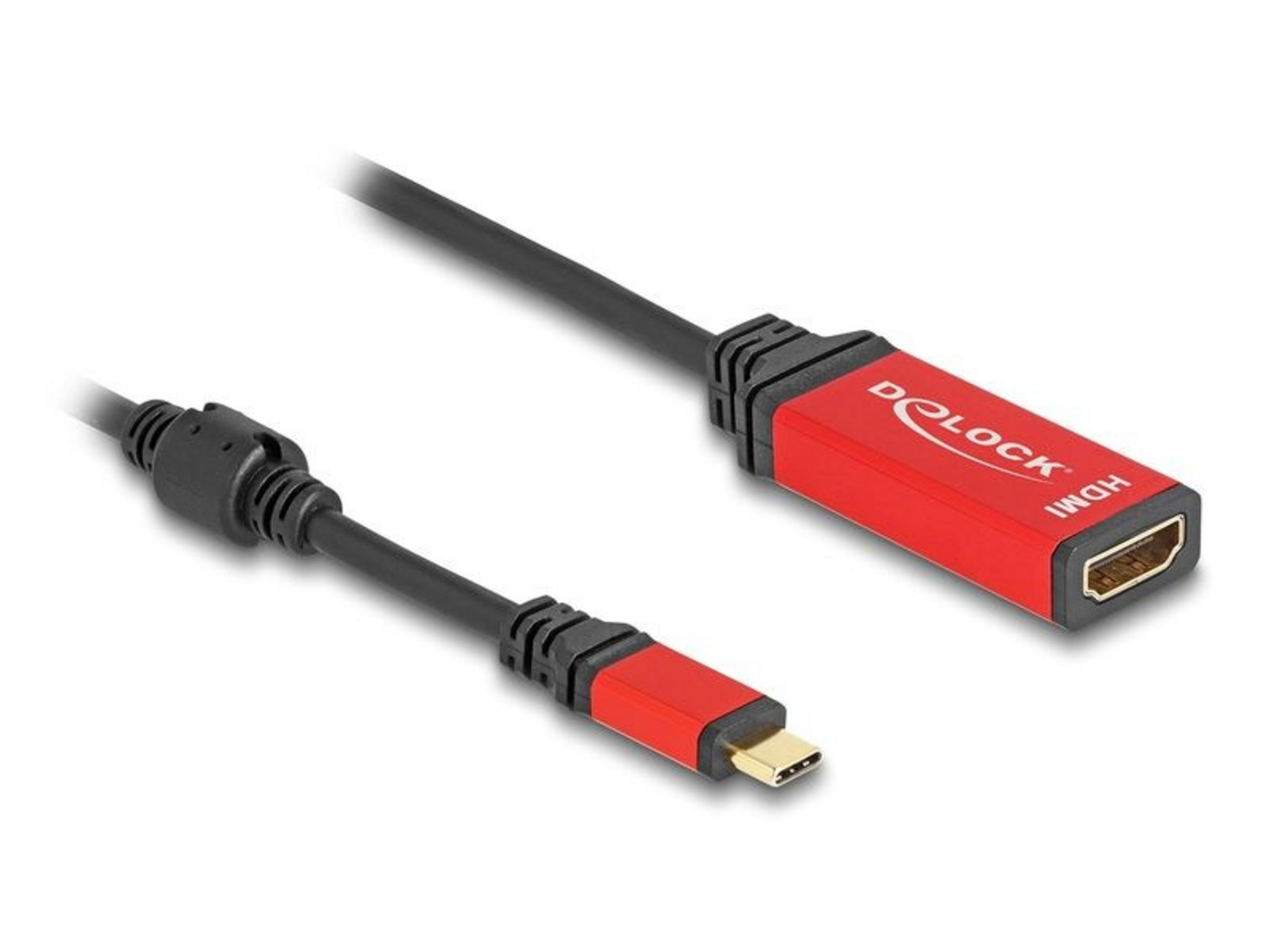 Ein roter Delock USB-C zu HDMI Adapterkabel mit schwarzem Ferritkern.